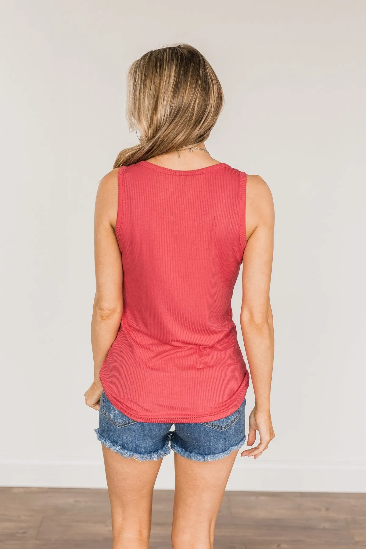 5 Button Henley Tank Top- Lipstick Pink