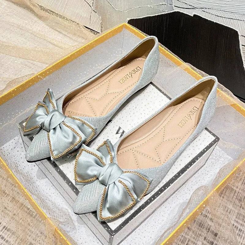 Advbridge Women Flat Elegant Fashion Women Flat Fashion Ballet Shoes Big Bow Tie Pointed Toe Flats Shoes Lady Shiny Flat