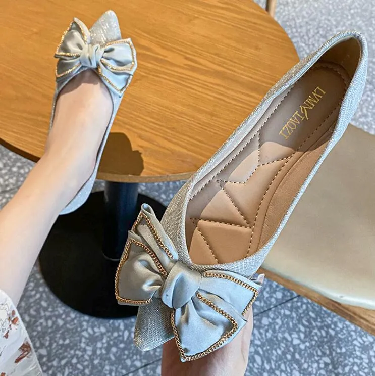 Advbridge Women Flat Elegant Fashion Women Flat Fashion Ballet Shoes Big Bow Tie Pointed Toe Flats Shoes Lady Shiny Flat