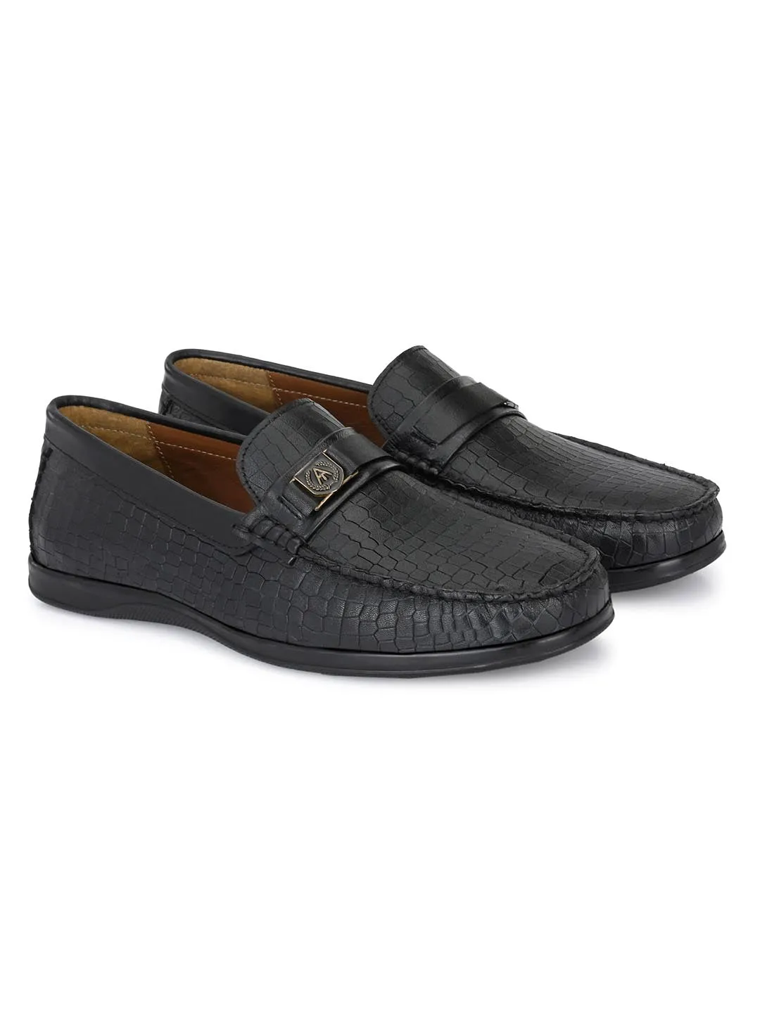 Alberto Torresi Genuine Leather Black Textured Loafers For Men