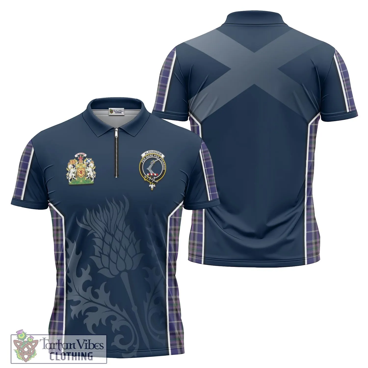 Alexander of Menstry Tartan Zipper Polo Shirt with Family Crest and Scottish Thistle Vibes Sport Style