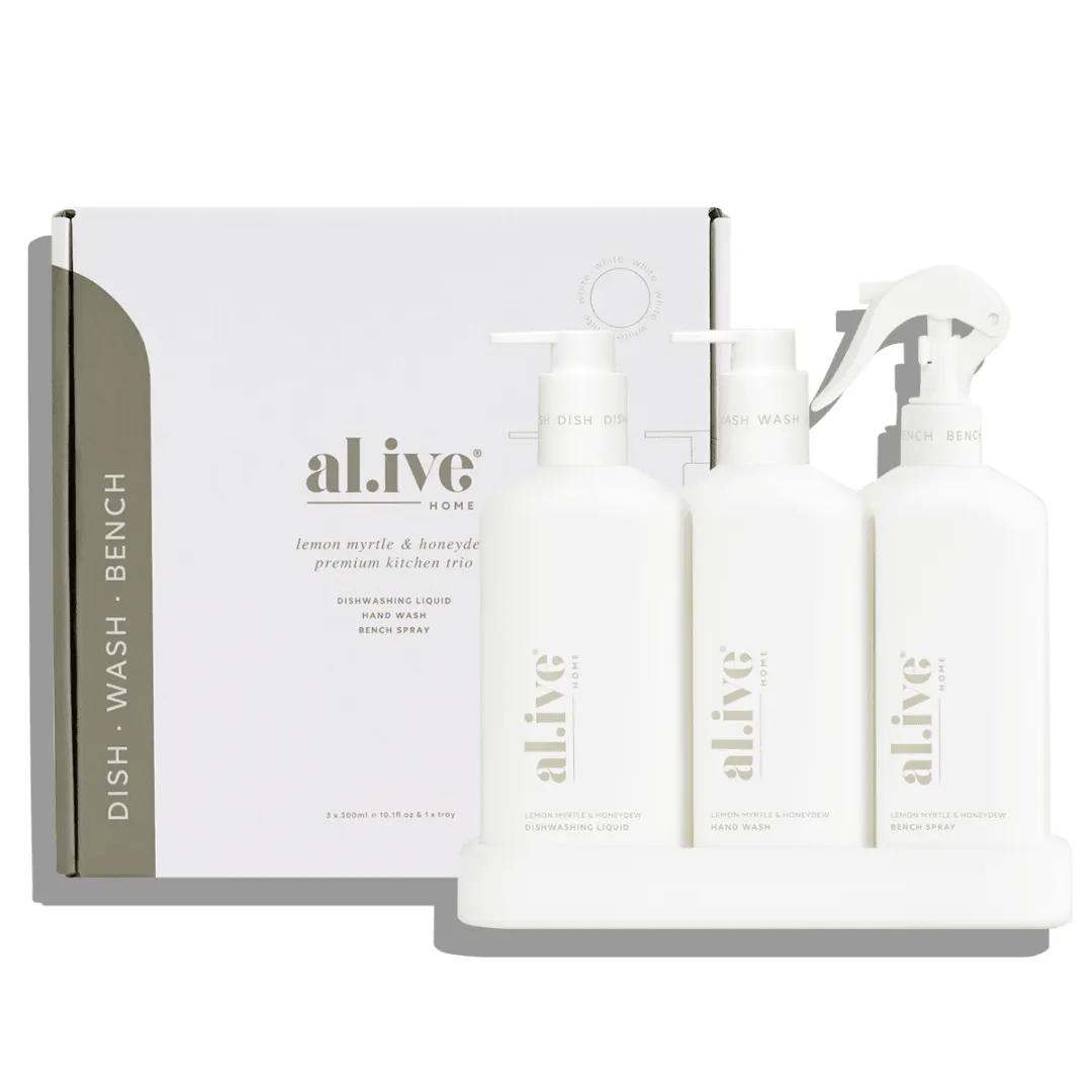 al.ive body Kitchen Trio - Bench Spray, Dishwashing Liquid, Hand Wash & Tray (White)