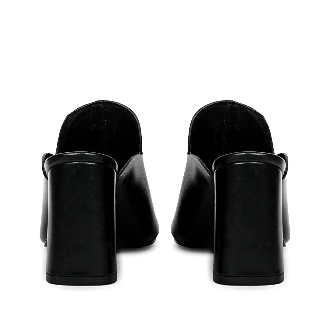 Amor Black Leather Block Heel Mules