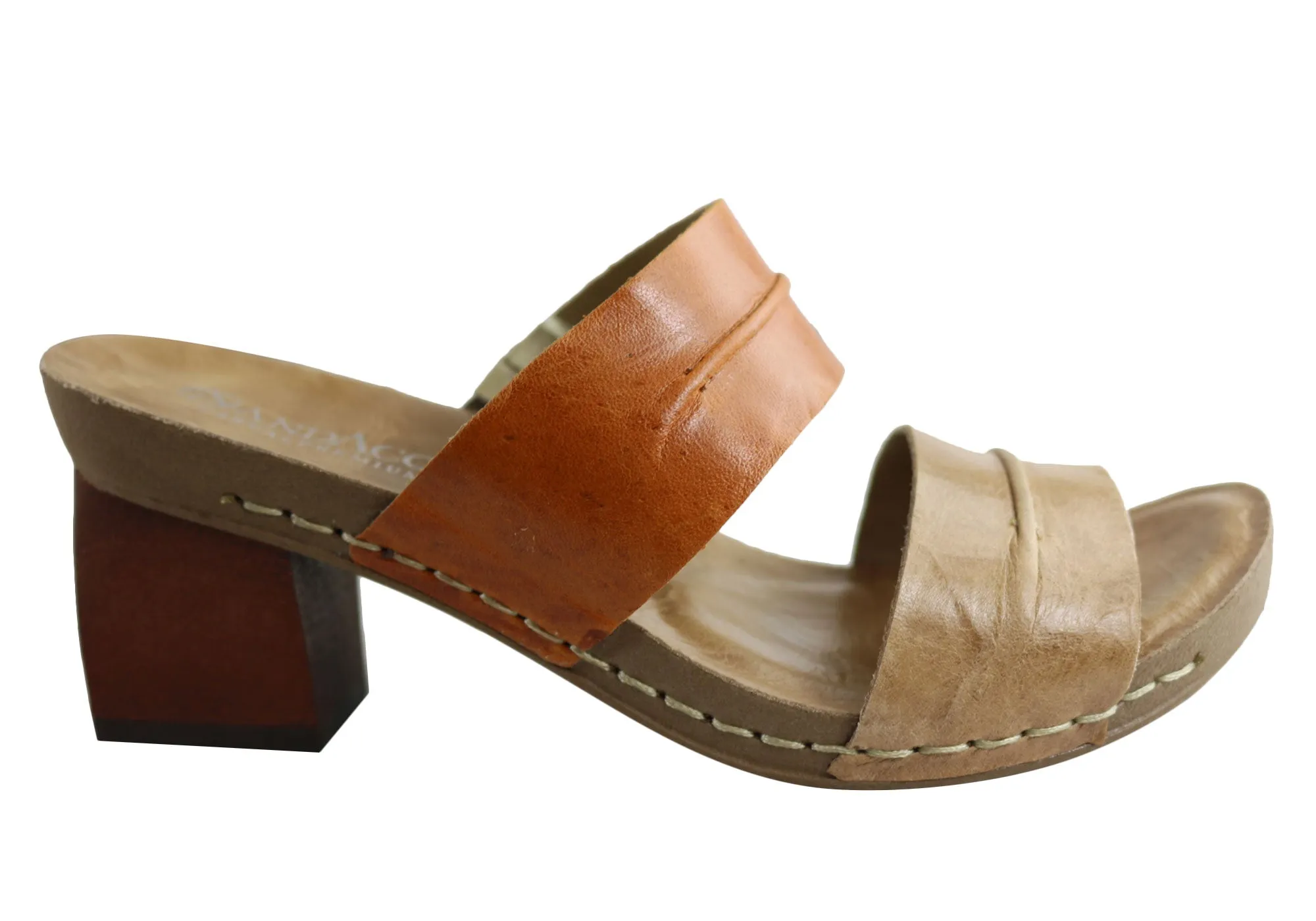 Andacco Meadow Womens Leather Mid Heel Slides Sandals Made In Brazil