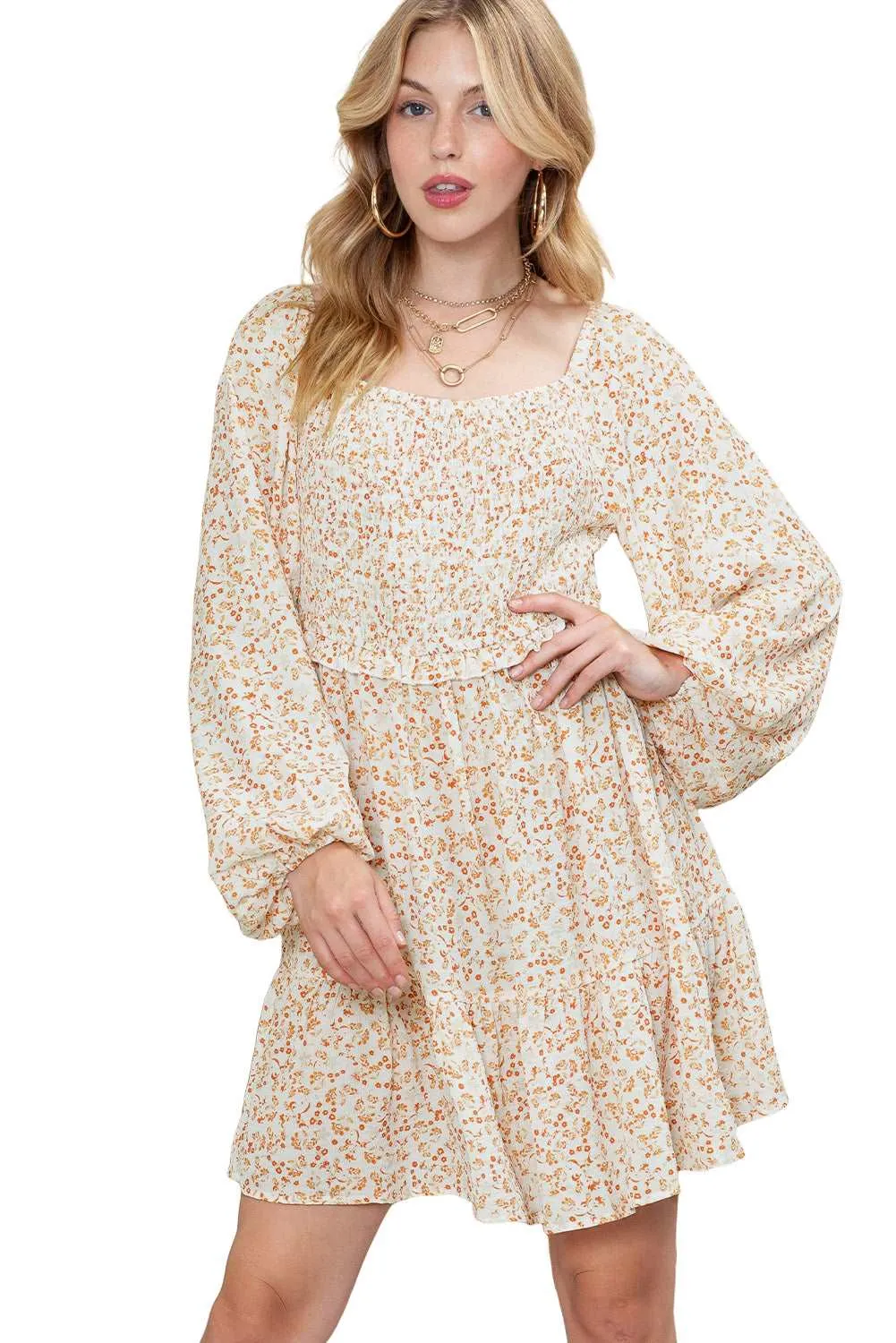 Apricot Boho Floral Smocked Puff Sleeve Short Dress