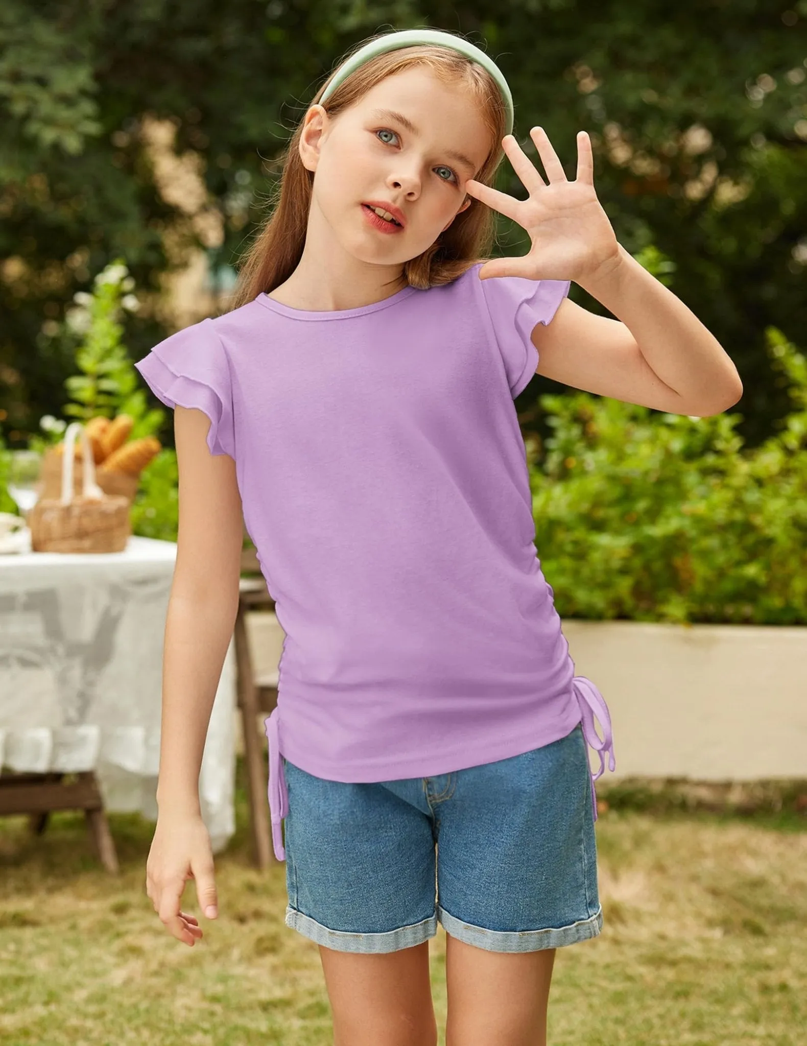 Arshiner Girls Ruffle Shirts Short Sleeves Summer Crewneck Cute Girls Blouse Ruched Knot Side Summer T Shirt Blouse Purple 10-11 Years