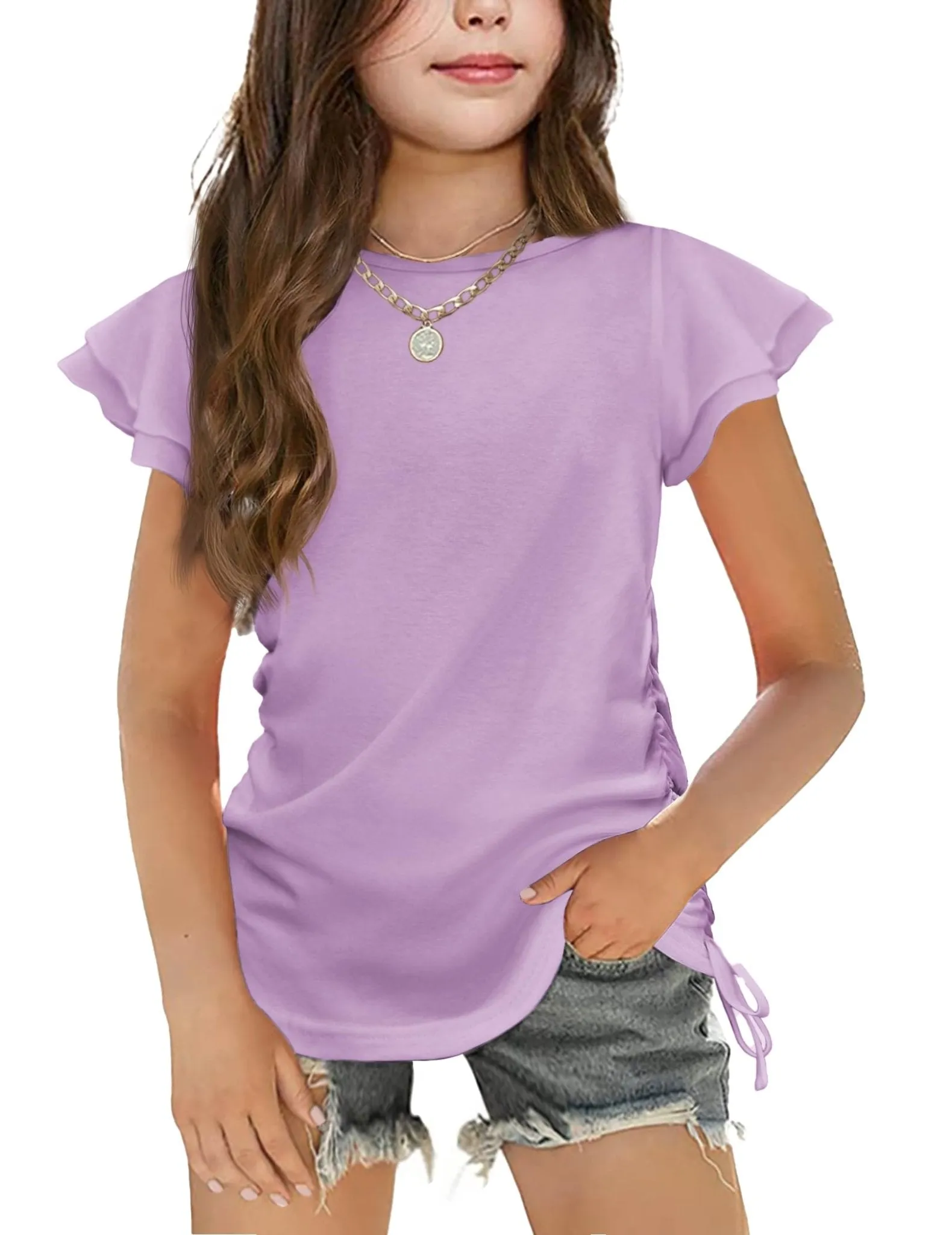 Arshiner Girls Ruffle Shirts Short Sleeves Summer Crewneck Cute Girls Blouse Ruched Knot Side Summer T Shirt Blouse Purple 10-11 Years