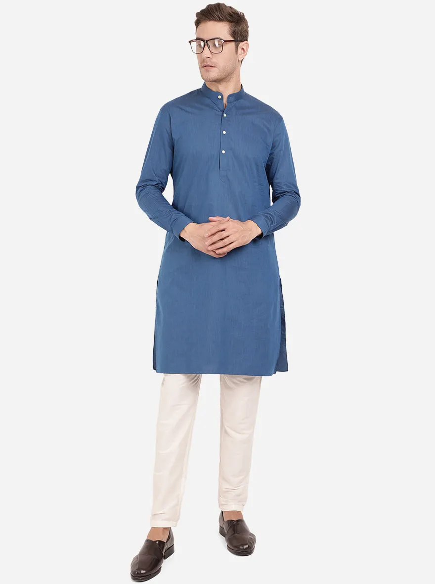 Azure Blue Self Textured Regular Fit Modi Kurta | JadeBlue