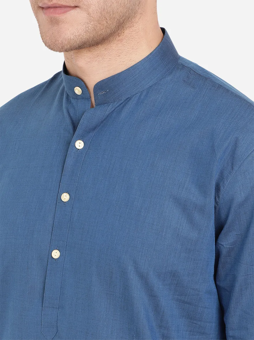 Azure Blue Self Textured Regular Fit Modi Kurta | JadeBlue