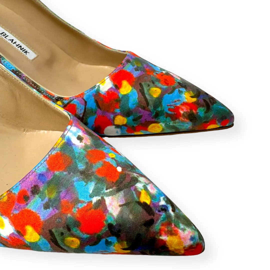 BB Floral Satin 70 mm Pumps Luxury Designer By Manolo Blahnik  Size: 9.5 (IT 39.5)