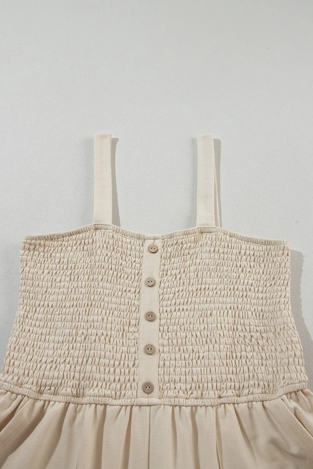 Beige Smocked Button Detail Sleeveless Romper