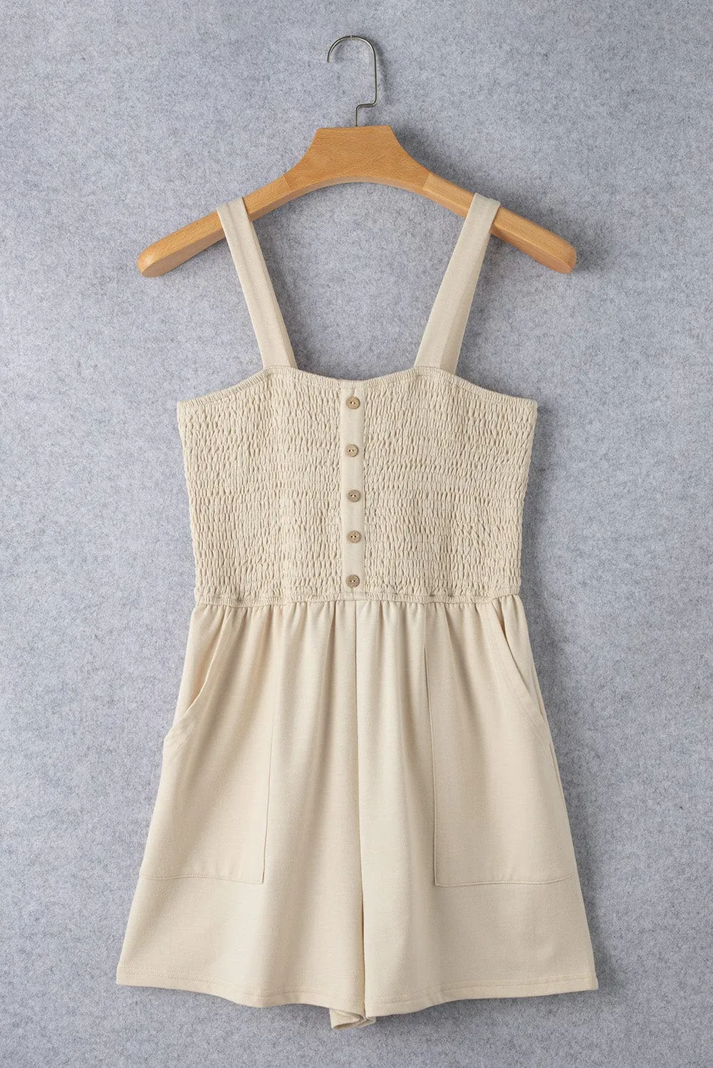 Beige Smocked Button Detail Sleeveless Romper