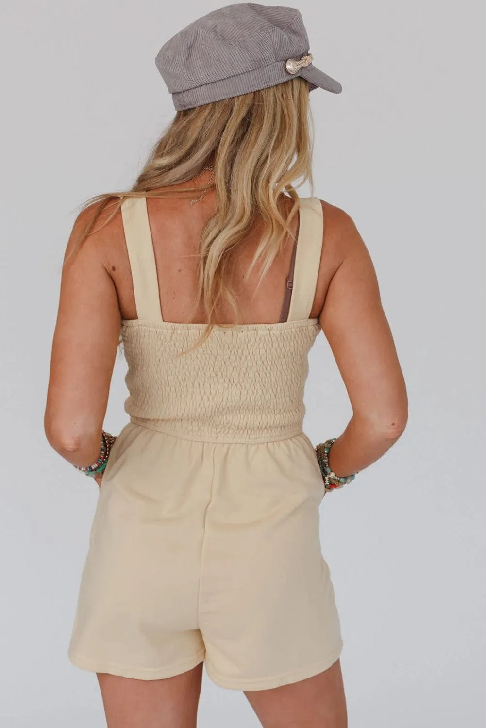 Beige Smocked Button Detail Sleeveless Romper