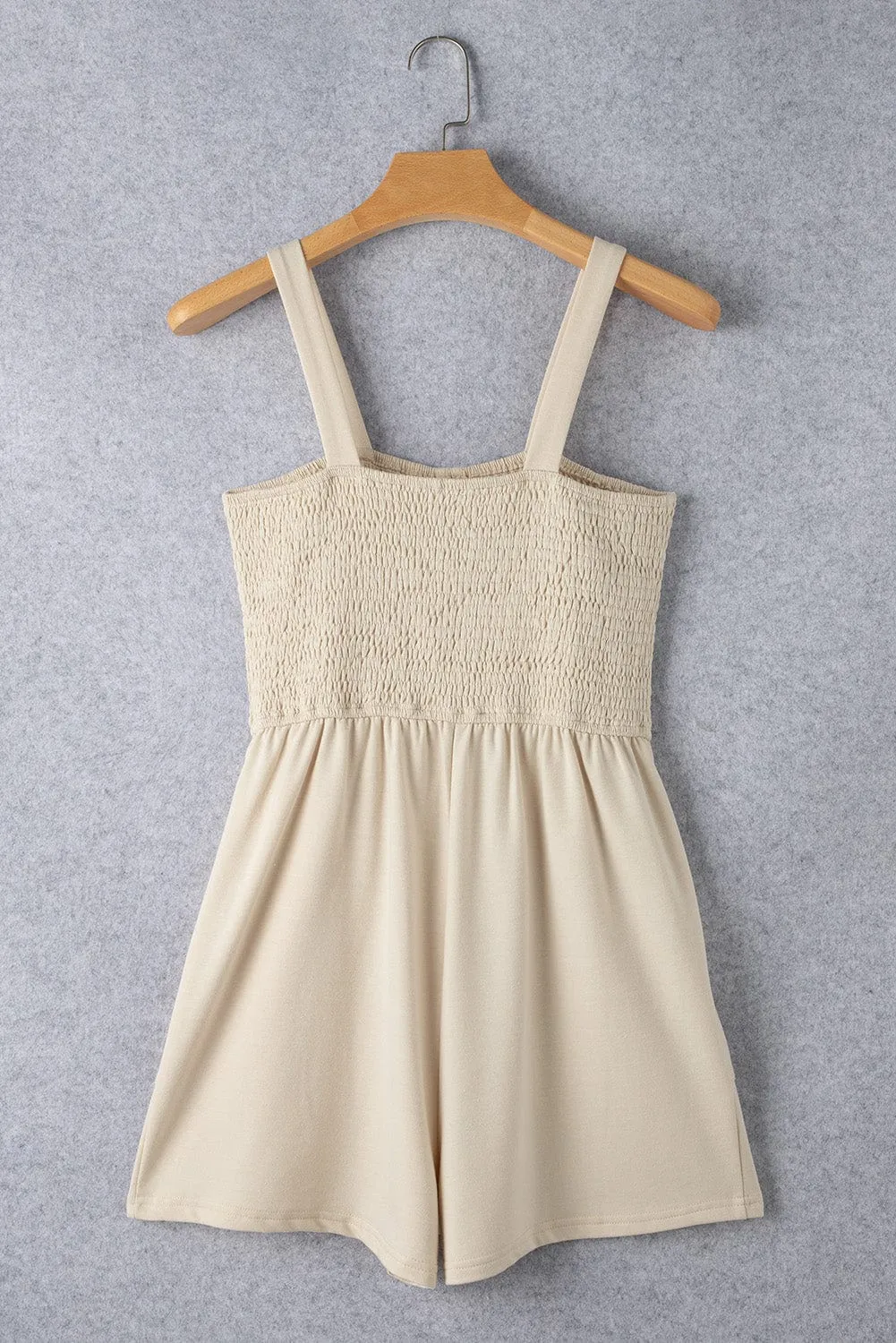 Beige Smocked Button Detail Sleeveless Romper