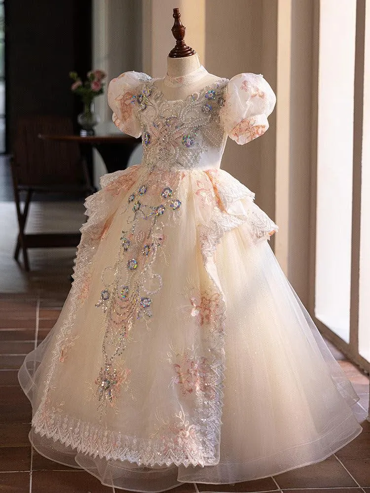 Birthday Party High end Children's Wedding Dress Bubble Sleeves Fluffy Bow Elegant Tail Girl Princess Dress