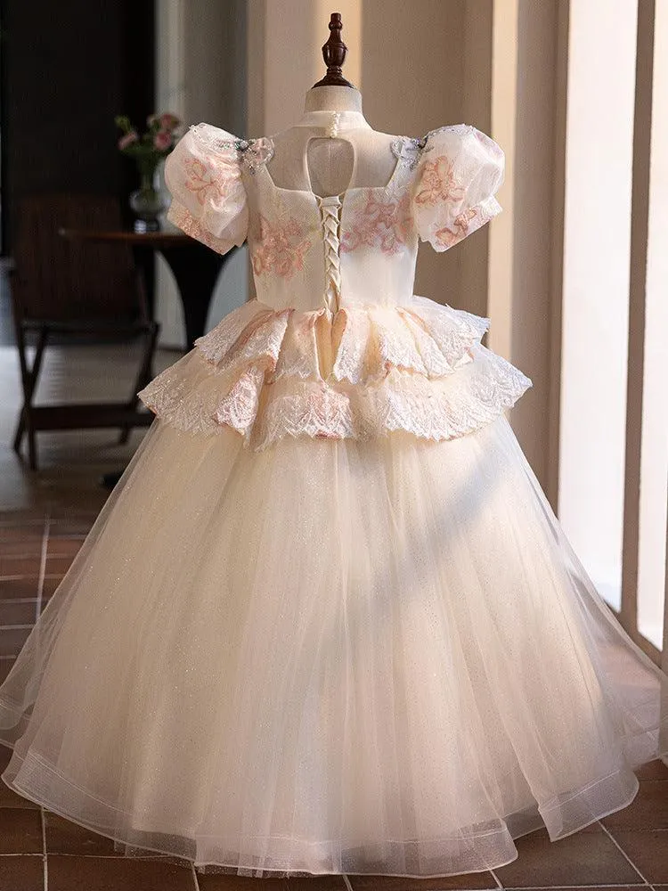 Birthday Party High end Children's Wedding Dress Bubble Sleeves Fluffy Bow Elegant Tail Girl Princess Dress