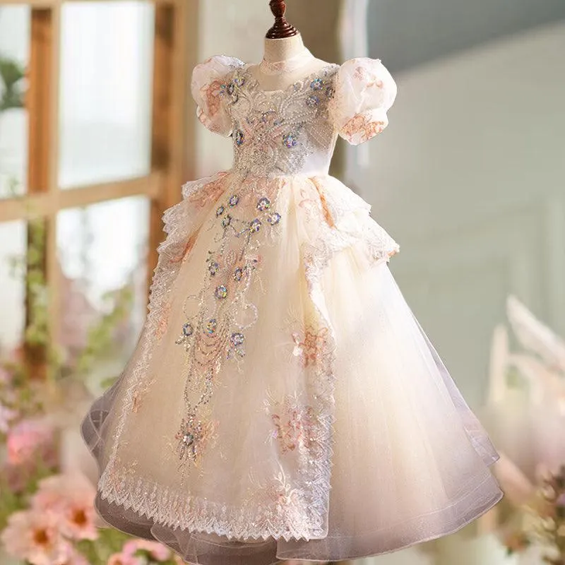 Birthday Party High end Children's Wedding Dress Bubble Sleeves Fluffy Bow Elegant Tail Girl Princess Dress