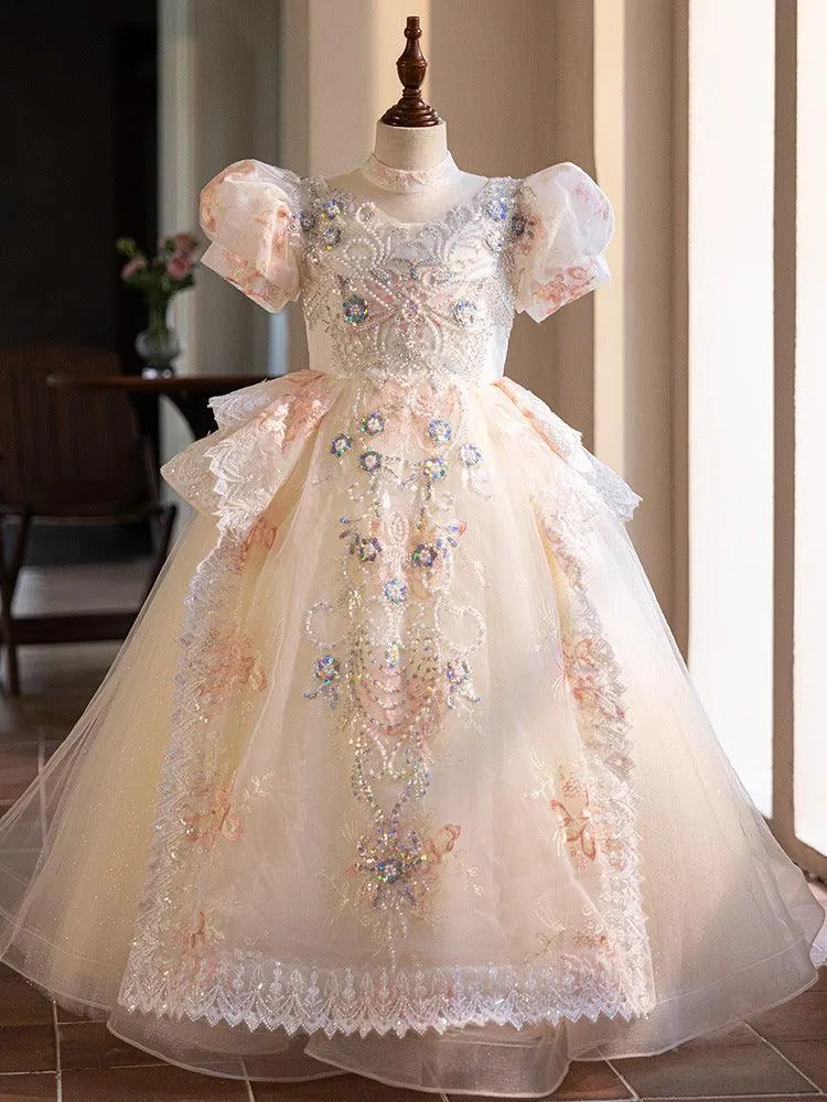 Birthday Party High end Children's Wedding Dress Bubble Sleeves Fluffy Bow Elegant Tail Girl Princess Dress