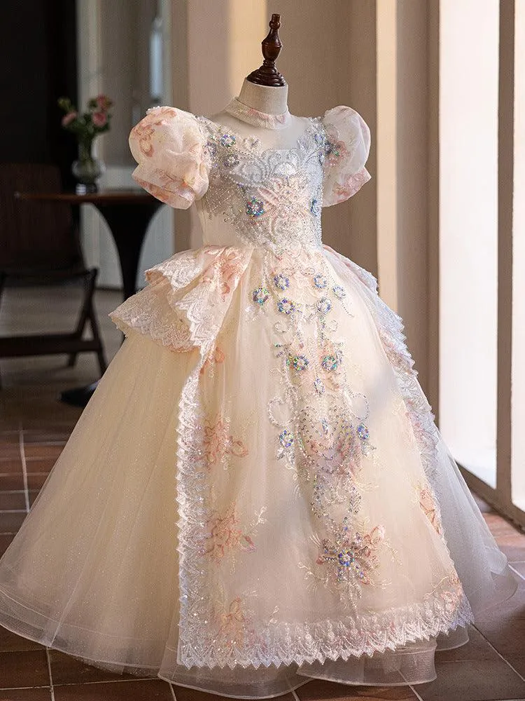 Birthday Party High end Children's Wedding Dress Bubble Sleeves Fluffy Bow Elegant Tail Girl Princess Dress