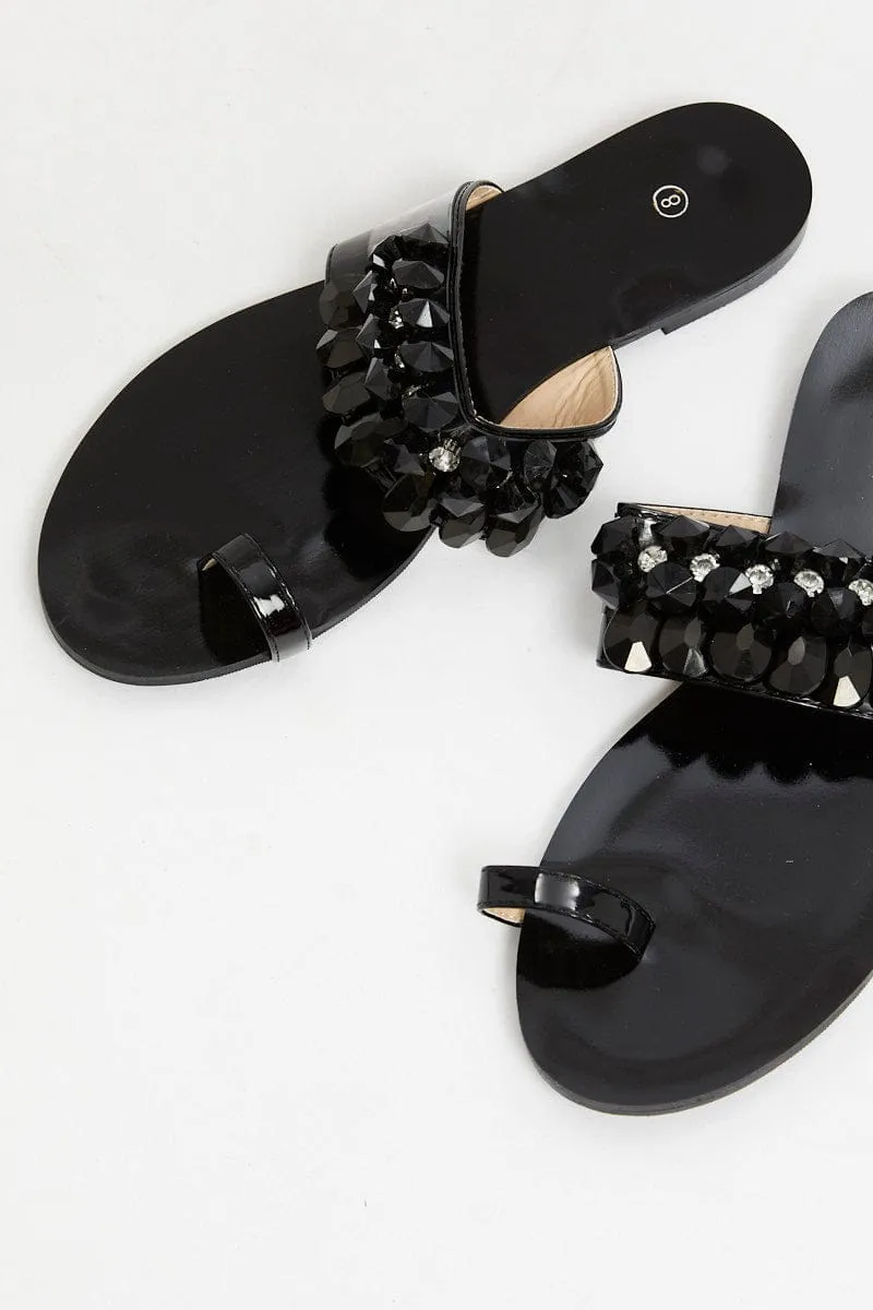 Black Embellished Flat Slides