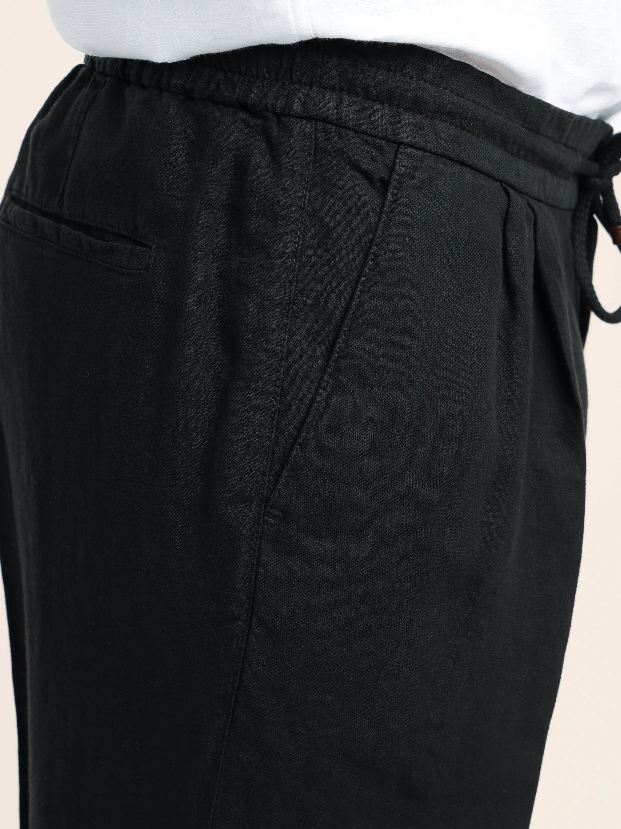 Black Garment-Dyed Leisure Fit Linen Gabardine Trousers