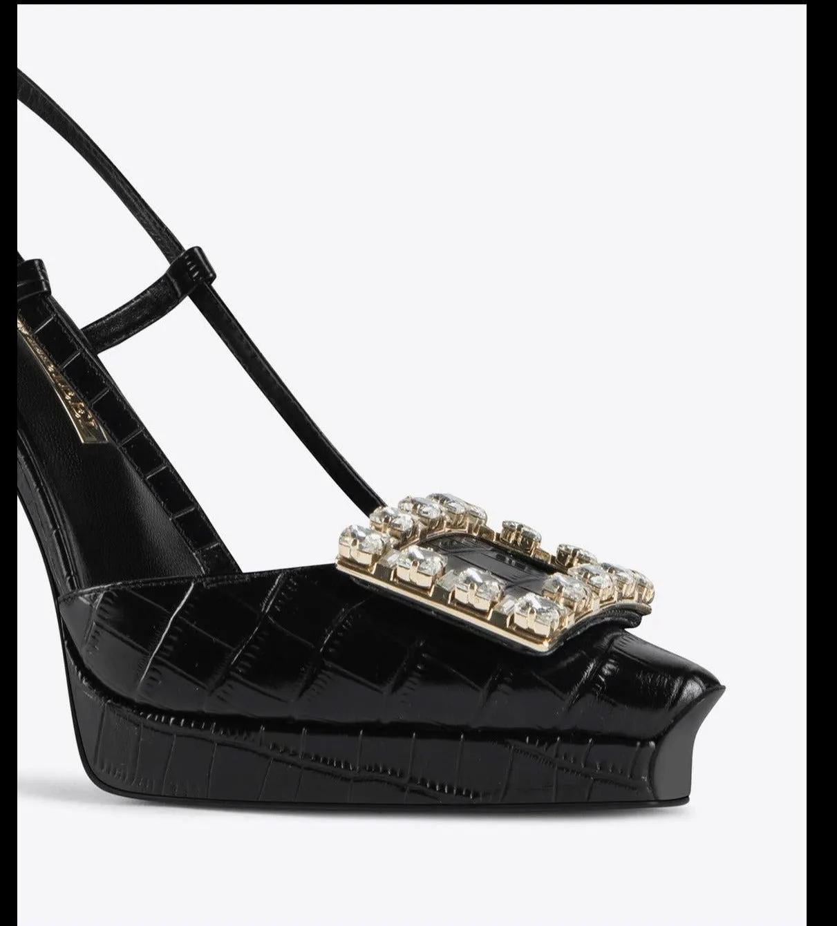 Black Gorgeous rhinestone square buckle black stiletto high heel sling back shoes pumps - Tabitha