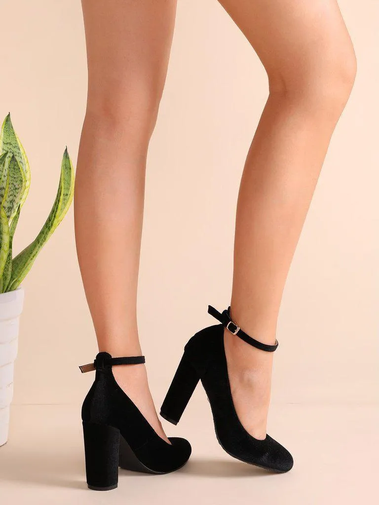 Black Velvet Almond Toe Ankle Strap Heels