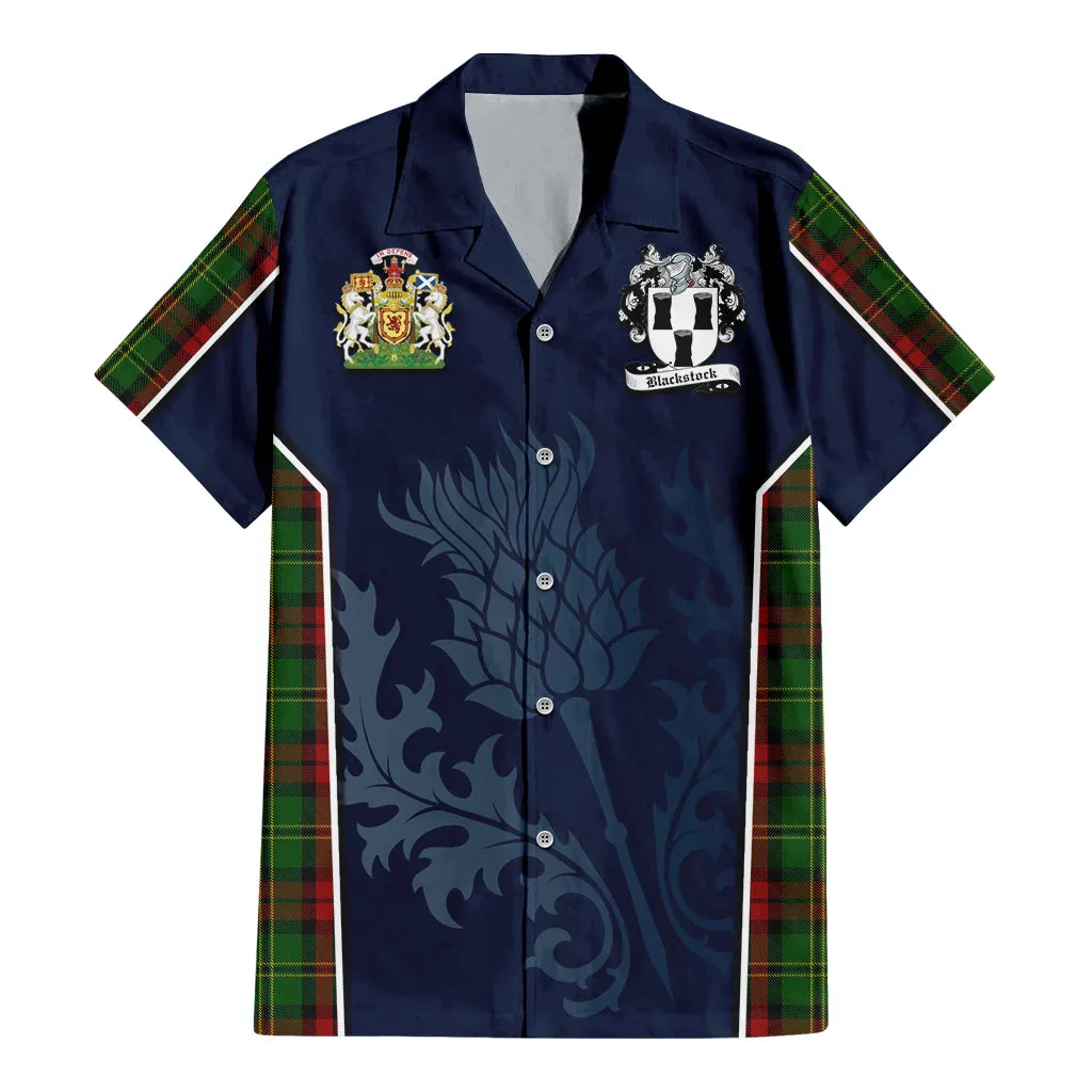 Blackstock Hunting Tartan Short Sleeve Button Up Shirt with Family Crest and Scottish Thistle Vibes Sport Style