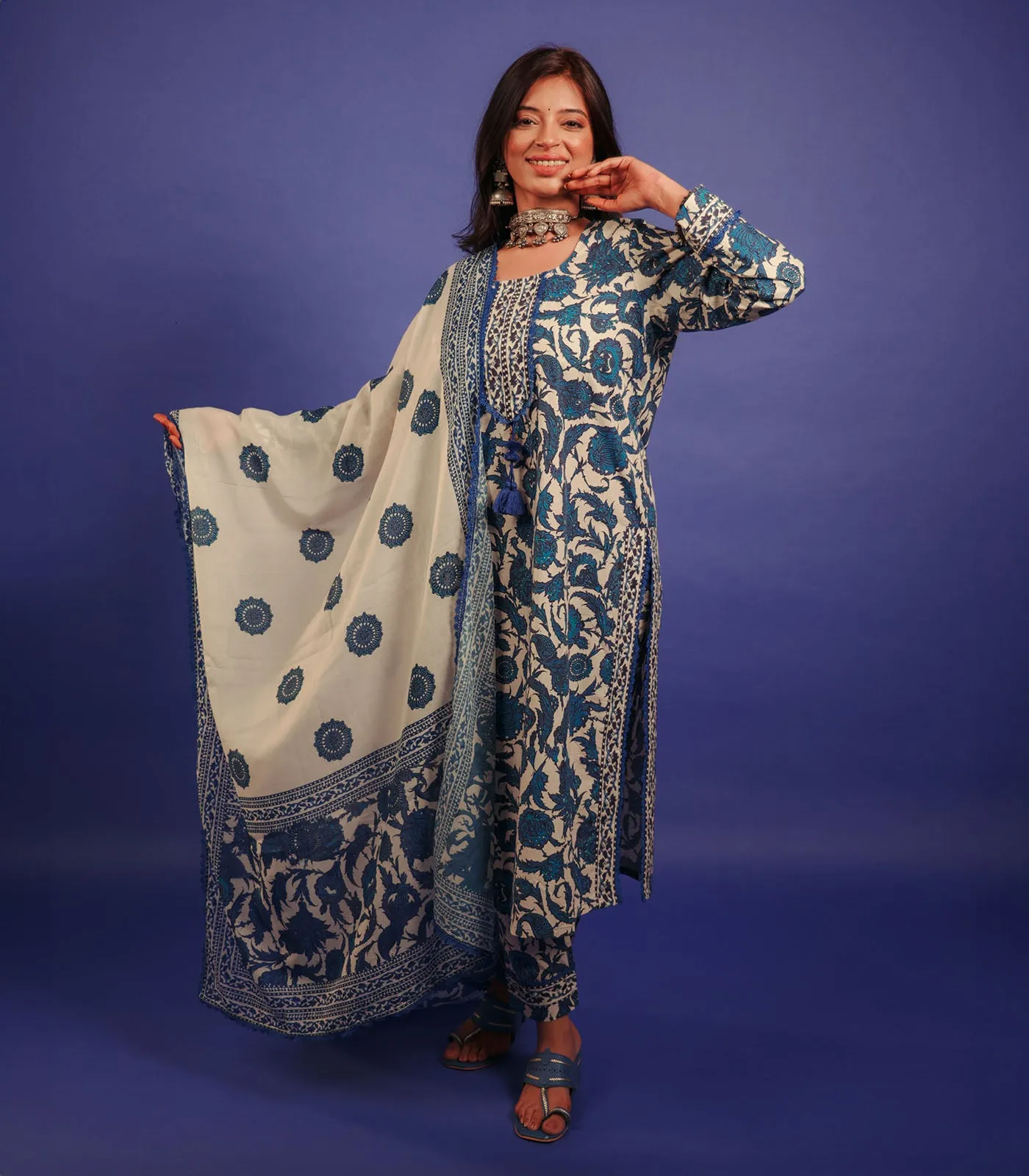 Blue Floral Print Cotton Kurta set with Dupatta