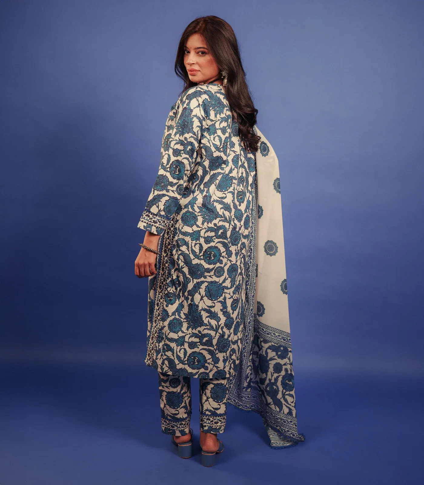 Blue Floral Print Cotton Kurta set with Dupatta