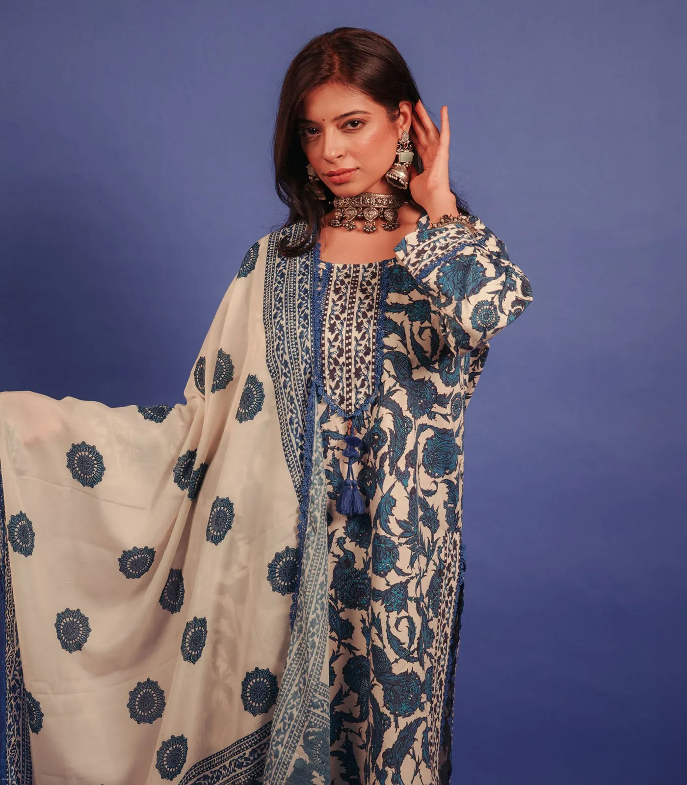 Blue Floral Print Cotton Kurta set with Dupatta