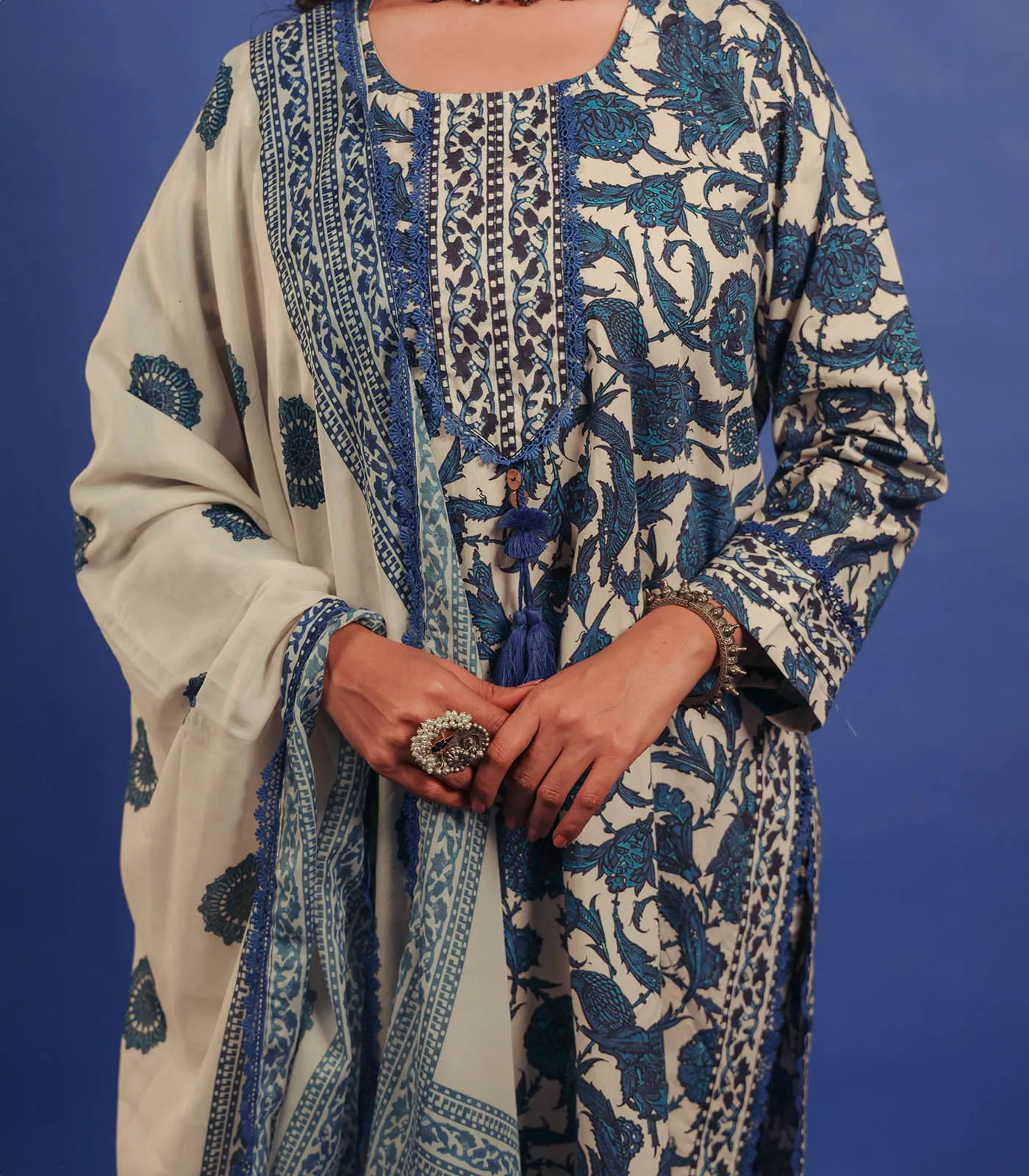 Blue Floral Print Cotton Kurta set with Dupatta