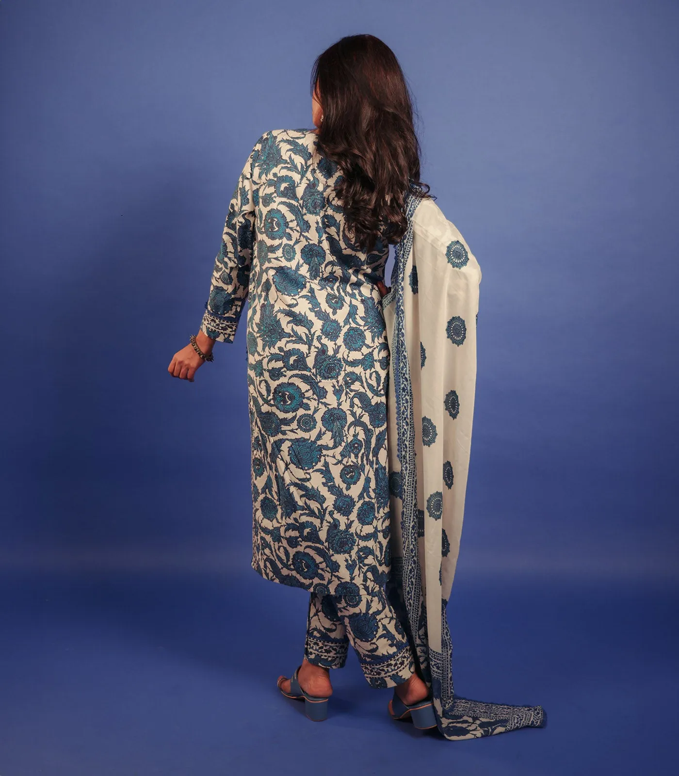 Blue Floral Print Cotton Kurta set with Dupatta