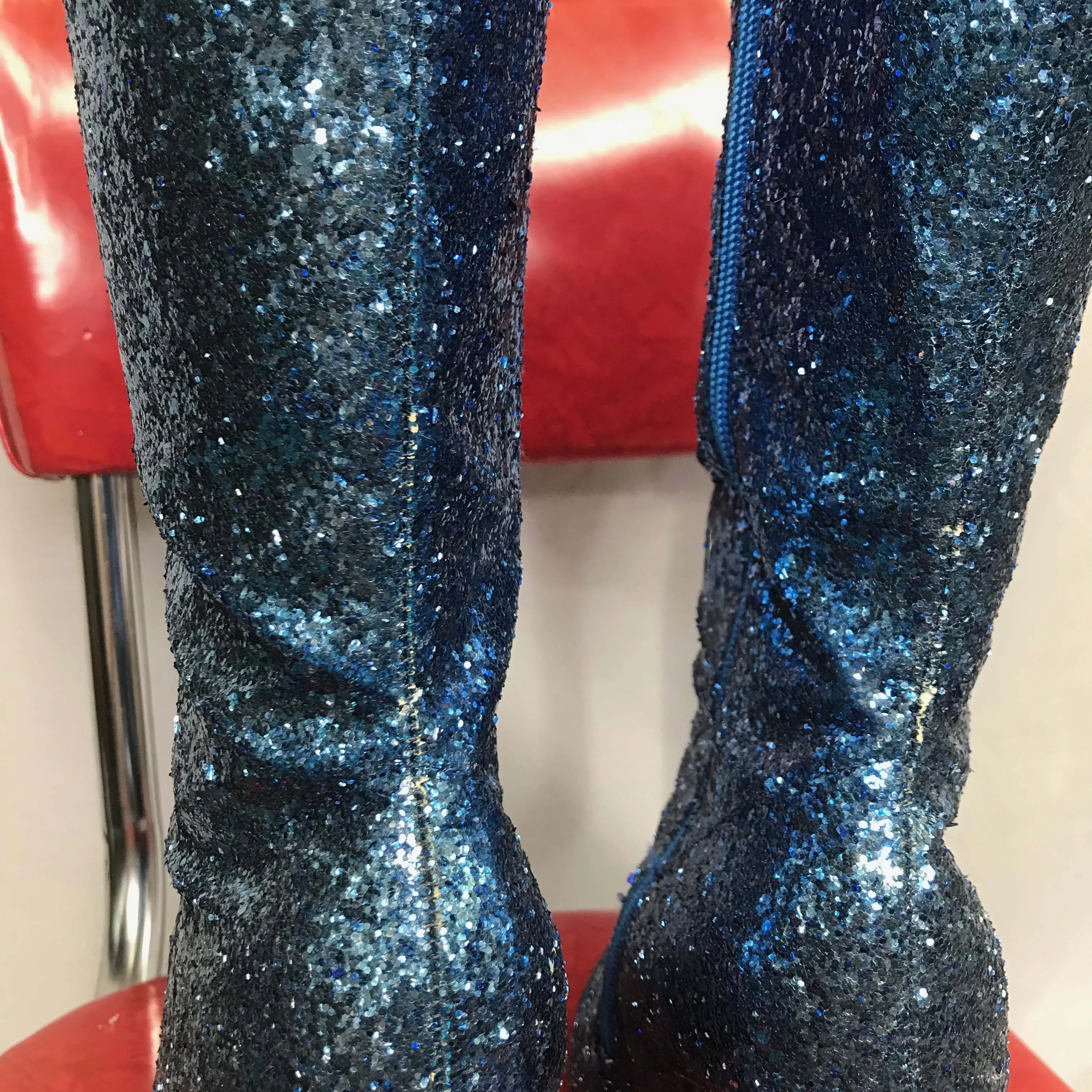 Bowie Inspired | Blue Glitter Stiletto GoGo Platform Heel Boots | Ellie | Size 8