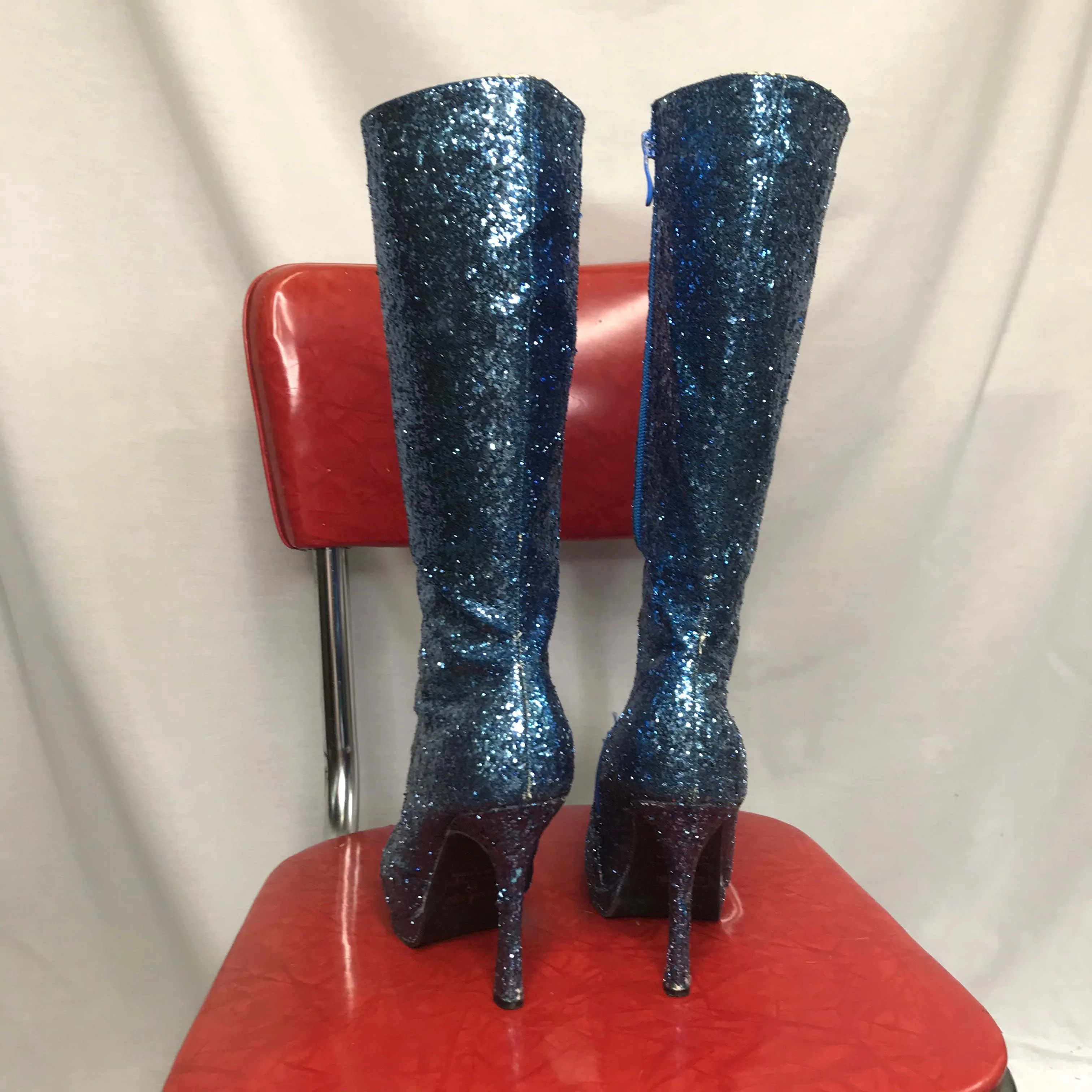 Bowie Inspired | Blue Glitter Stiletto GoGo Platform Heel Boots | Ellie | Size 8