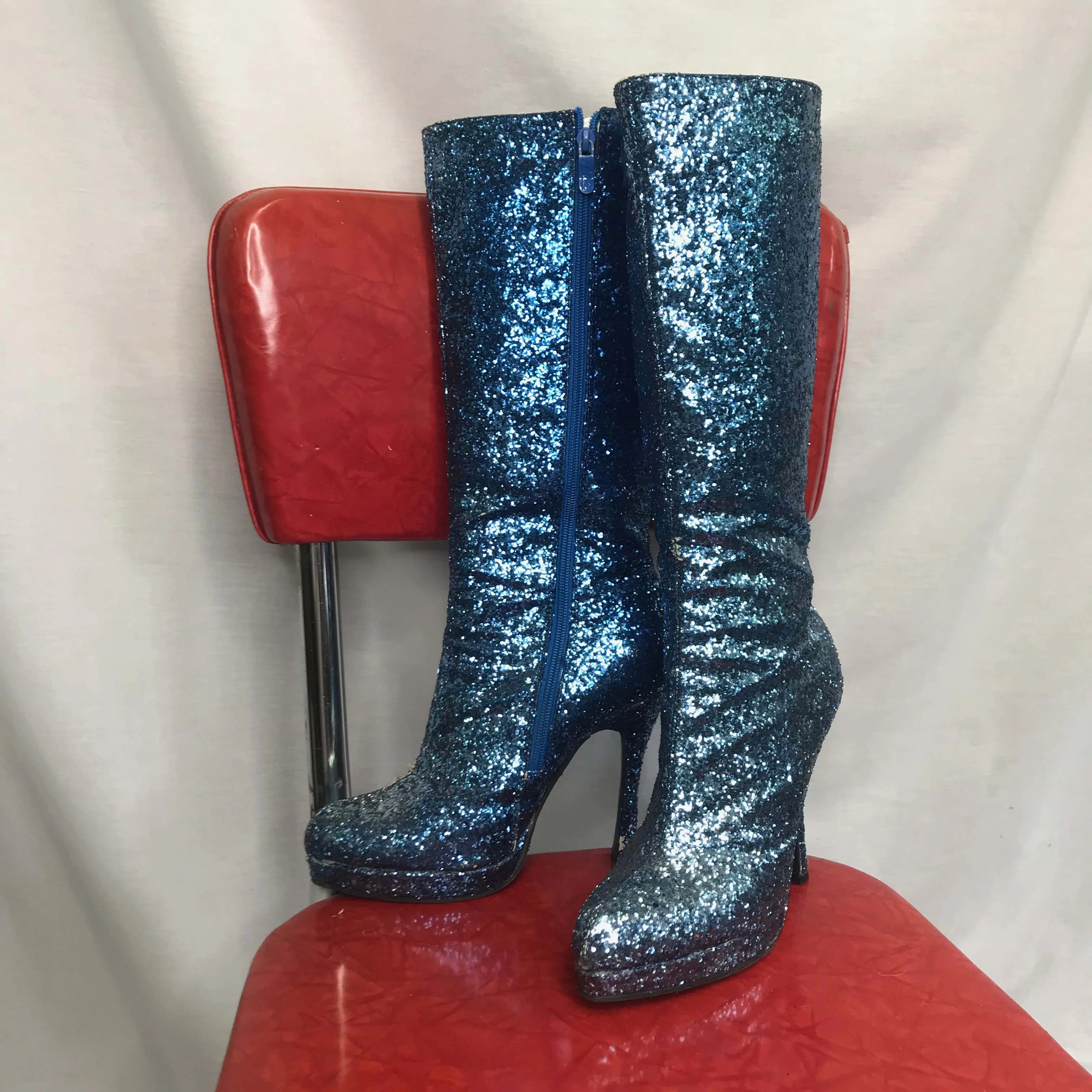 Bowie Inspired | Blue Glitter Stiletto GoGo Platform Heel Boots | Ellie | Size 8