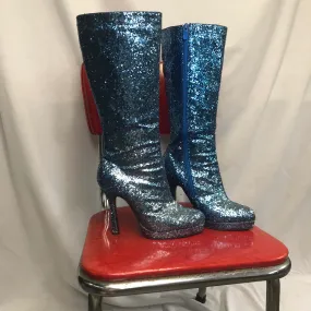 Bowie Inspired | Blue Glitter Stiletto GoGo Platform Heel Boots | Ellie | Size 8