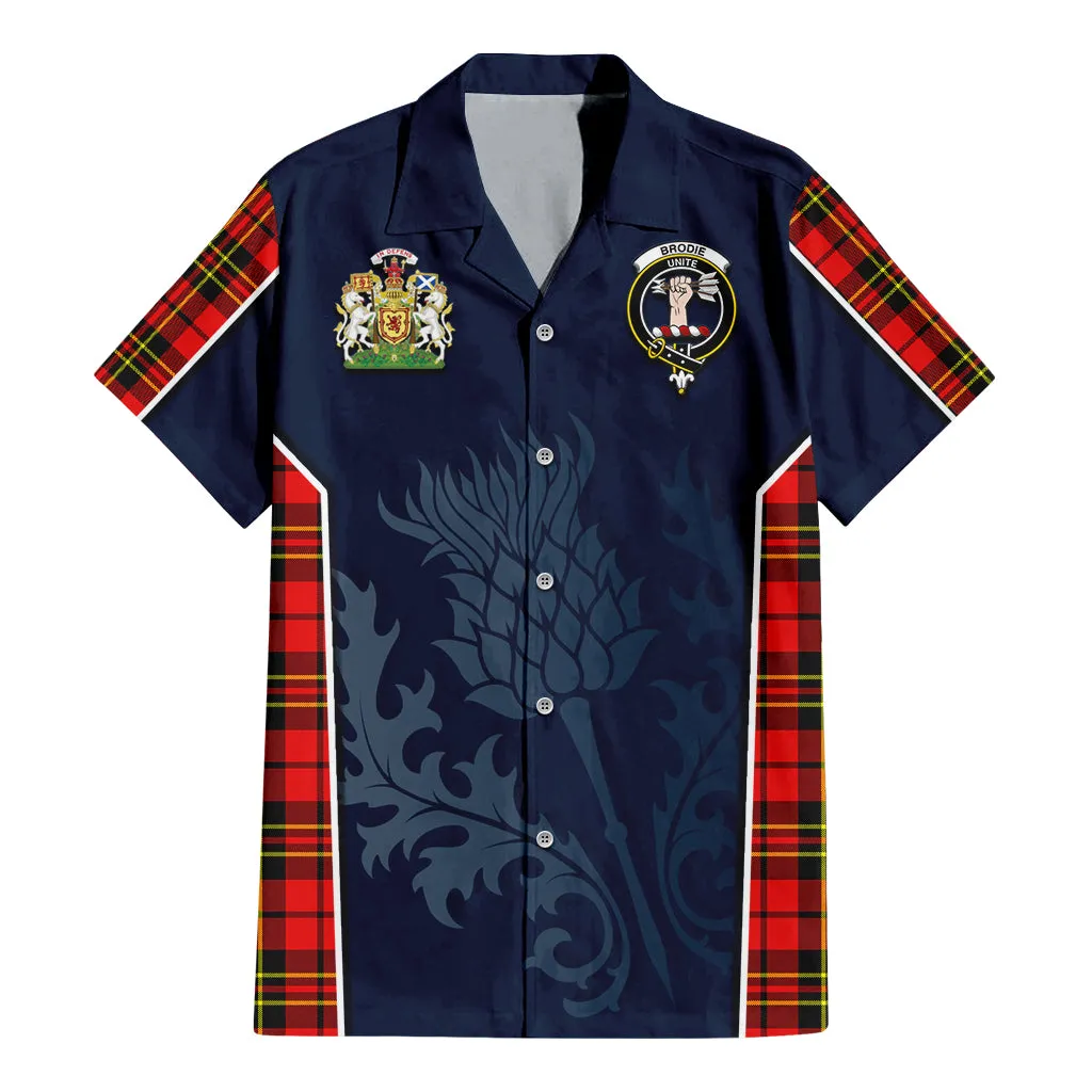 Brodie Modern Tartan Short Sleeve Button Up Shirt with Family Crest and Scottish Thistle Vibes Sport Style