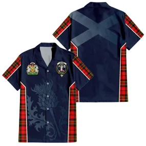 Brodie Modern Tartan Short Sleeve Button Up Shirt with Family Crest and Scottish Thistle Vibes Sport Style