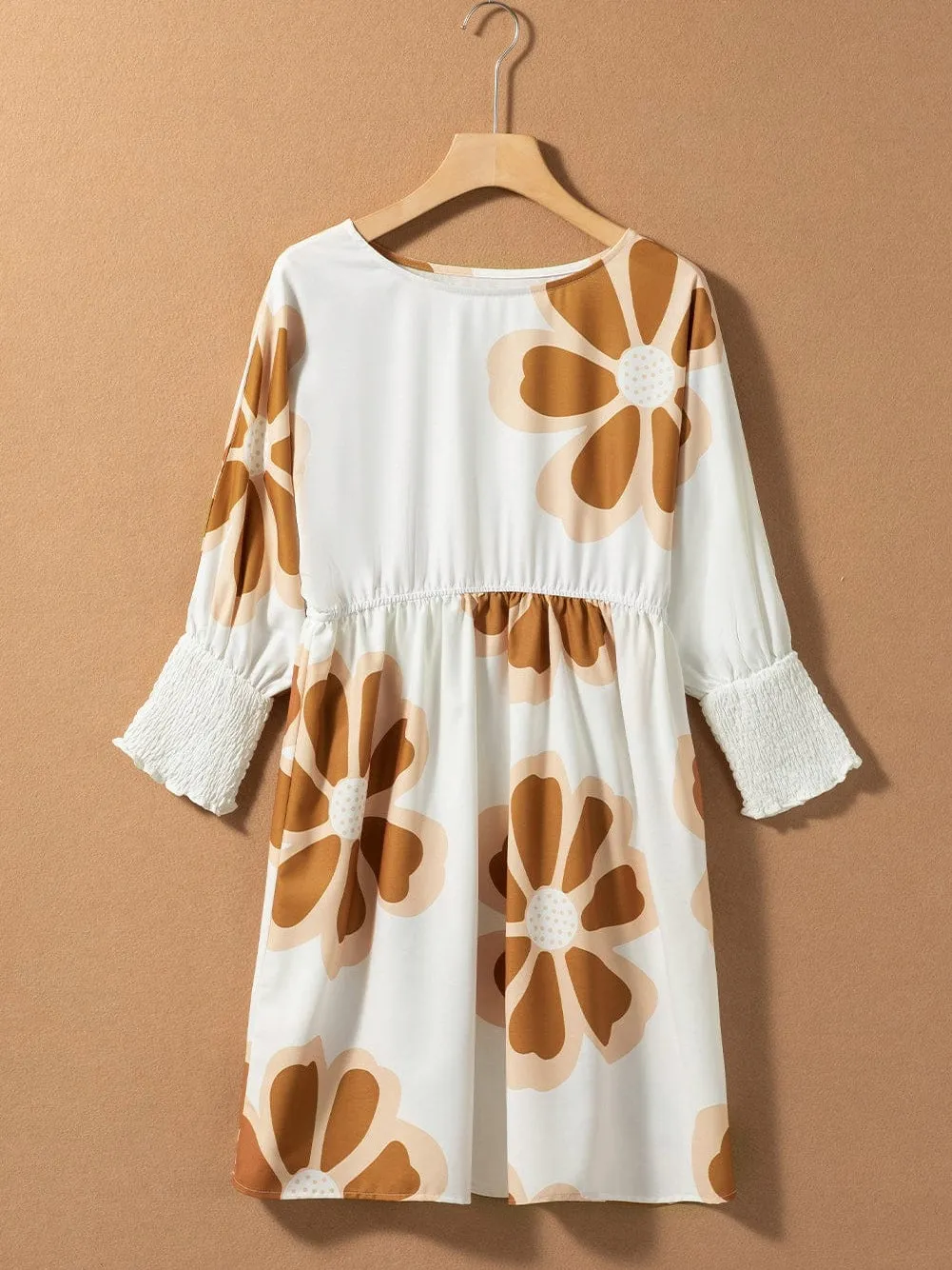 Brown Floral Print A-Line Short Dress with 3/4 Sleeves