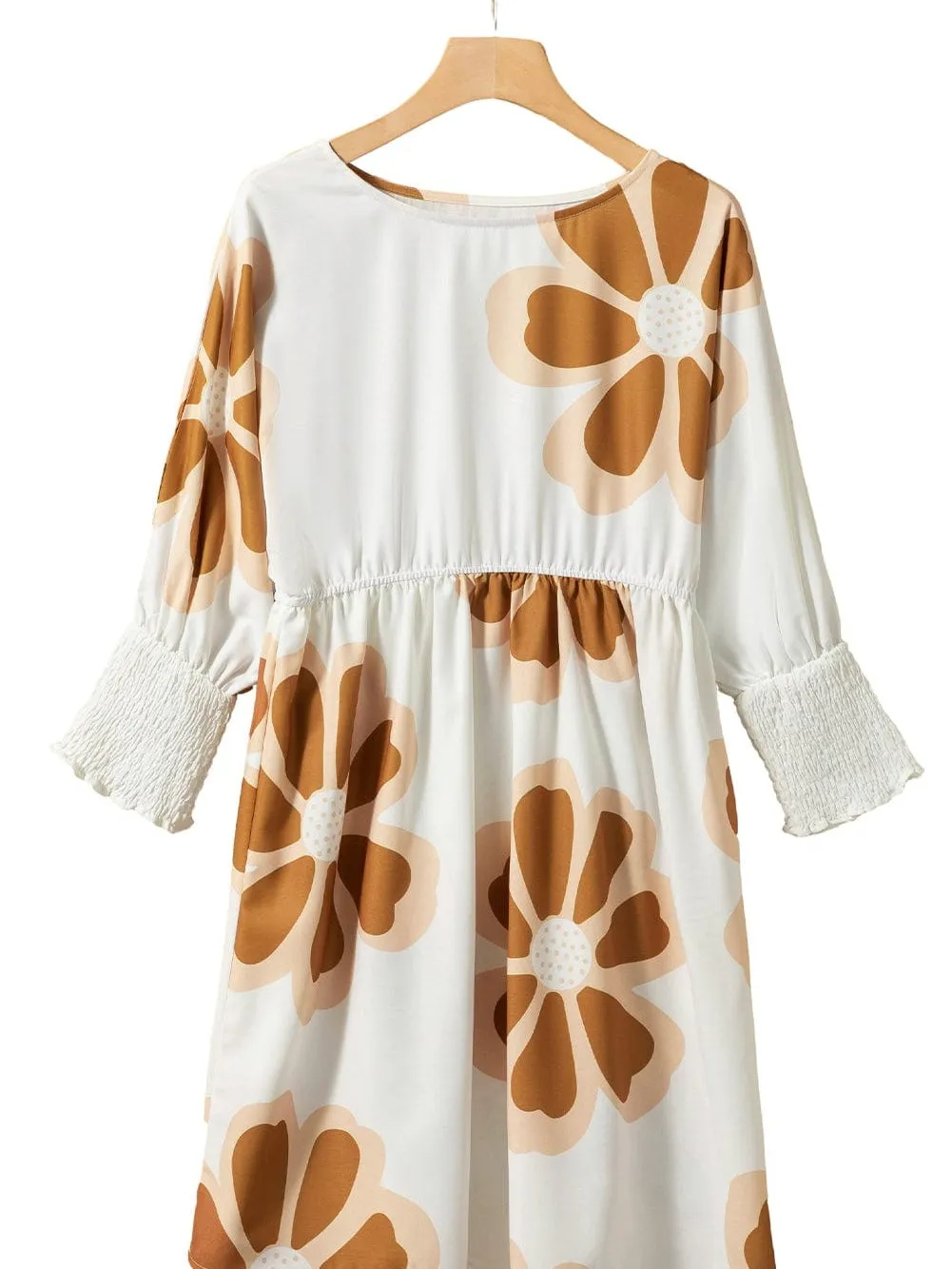 Brown Floral Print A-Line Short Dress with 3/4 Sleeves