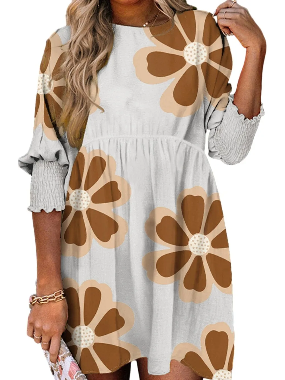 Brown Floral Print A-Line Short Dress with 3/4 Sleeves