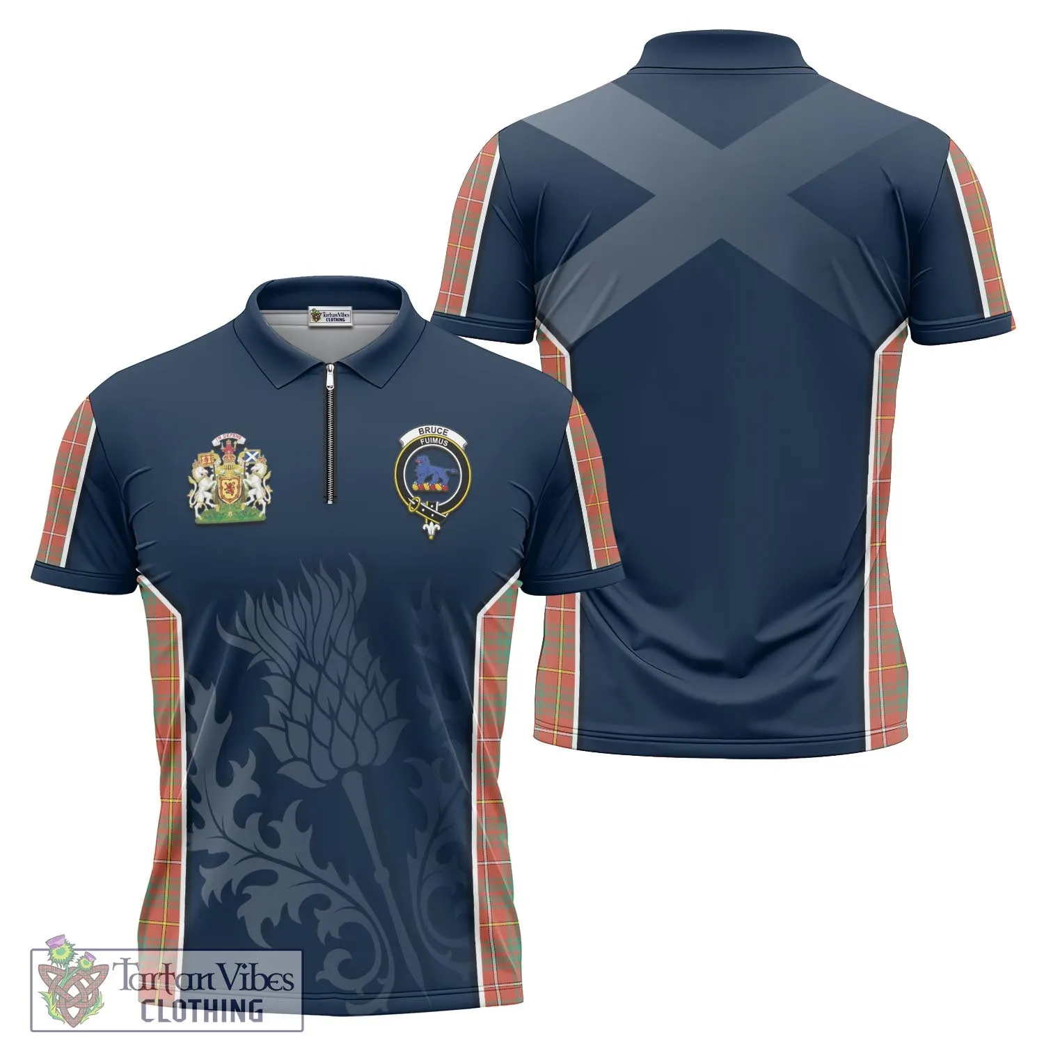 Bruce Ancient Tartan Zipper Polo Shirt with Family Crest and Scottish Thistle Vibes Sport Style