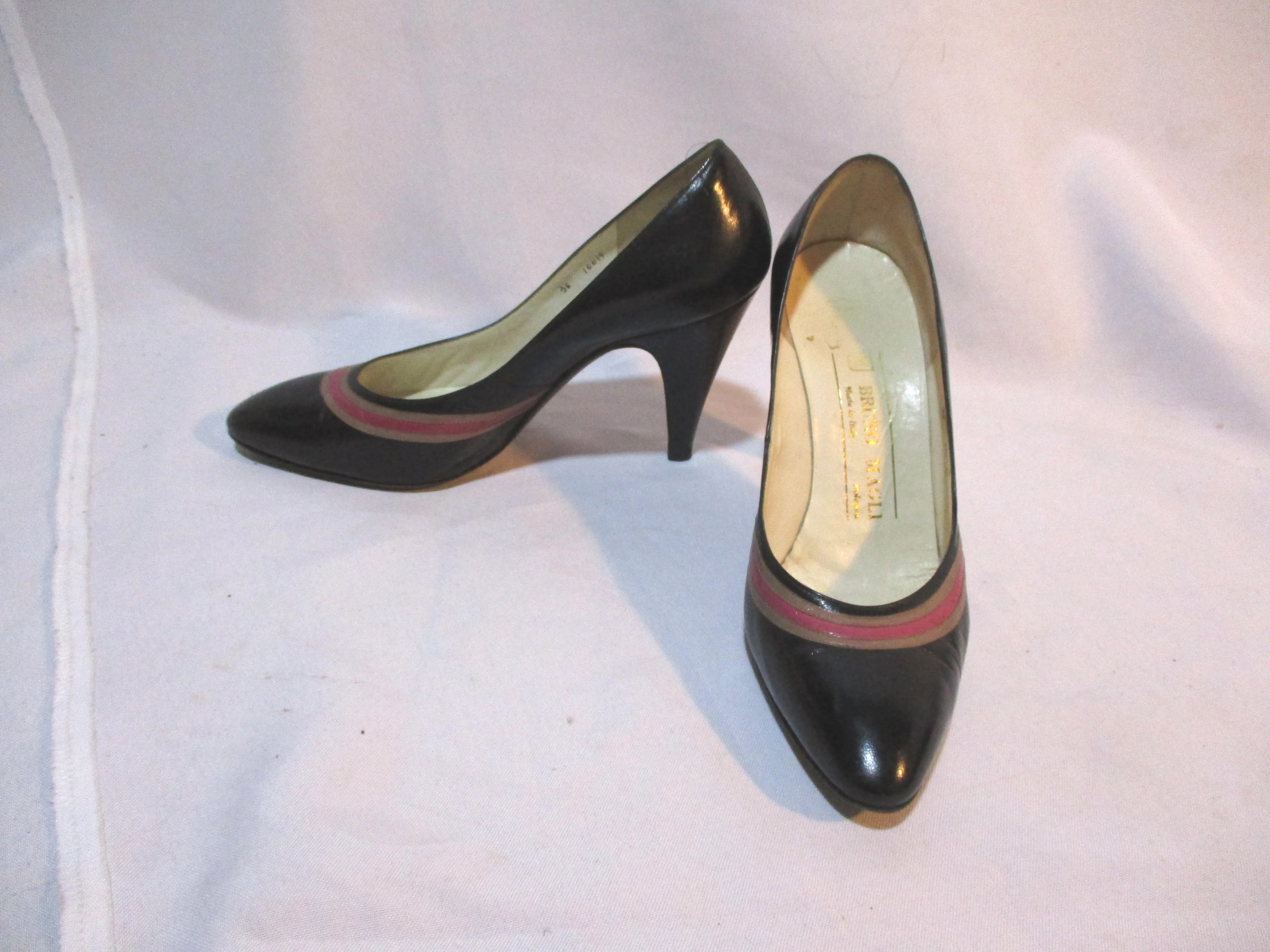 BRUNO MAGLI ITALY LEATHER Pump Shoe BLACK 36 High Heel Stripe PINK BEIGE