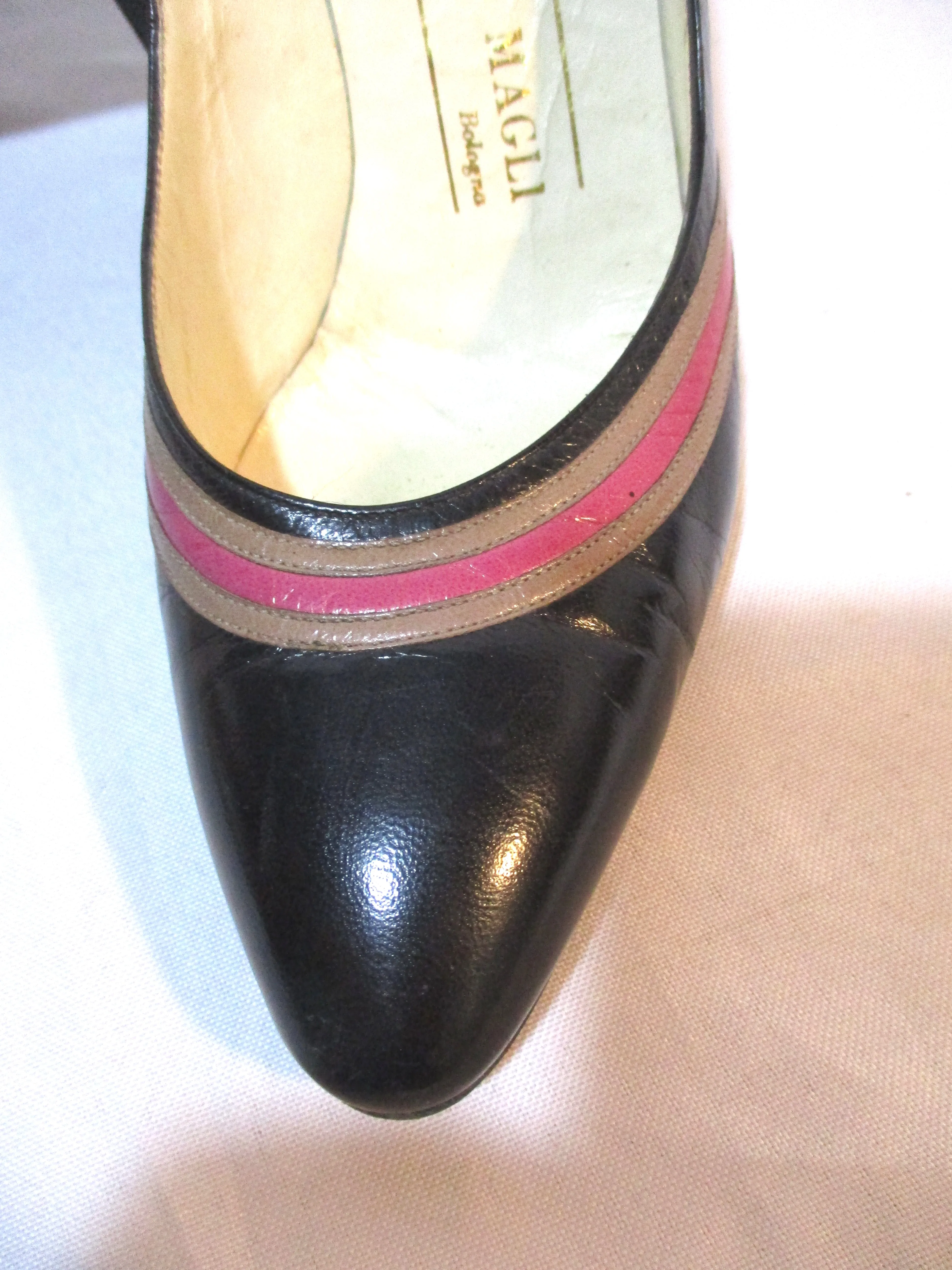 BRUNO MAGLI ITALY LEATHER Pump Shoe BLACK 36 High Heel Stripe PINK BEIGE