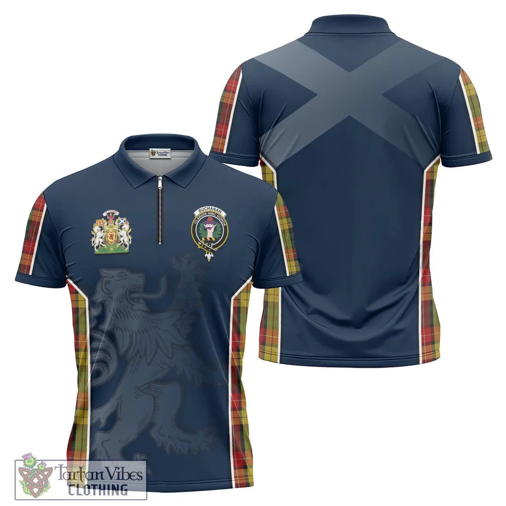 Buchanan Tartan Zipper Polo Shirt with Family Crest and Lion Rampant Vibes Sport Style