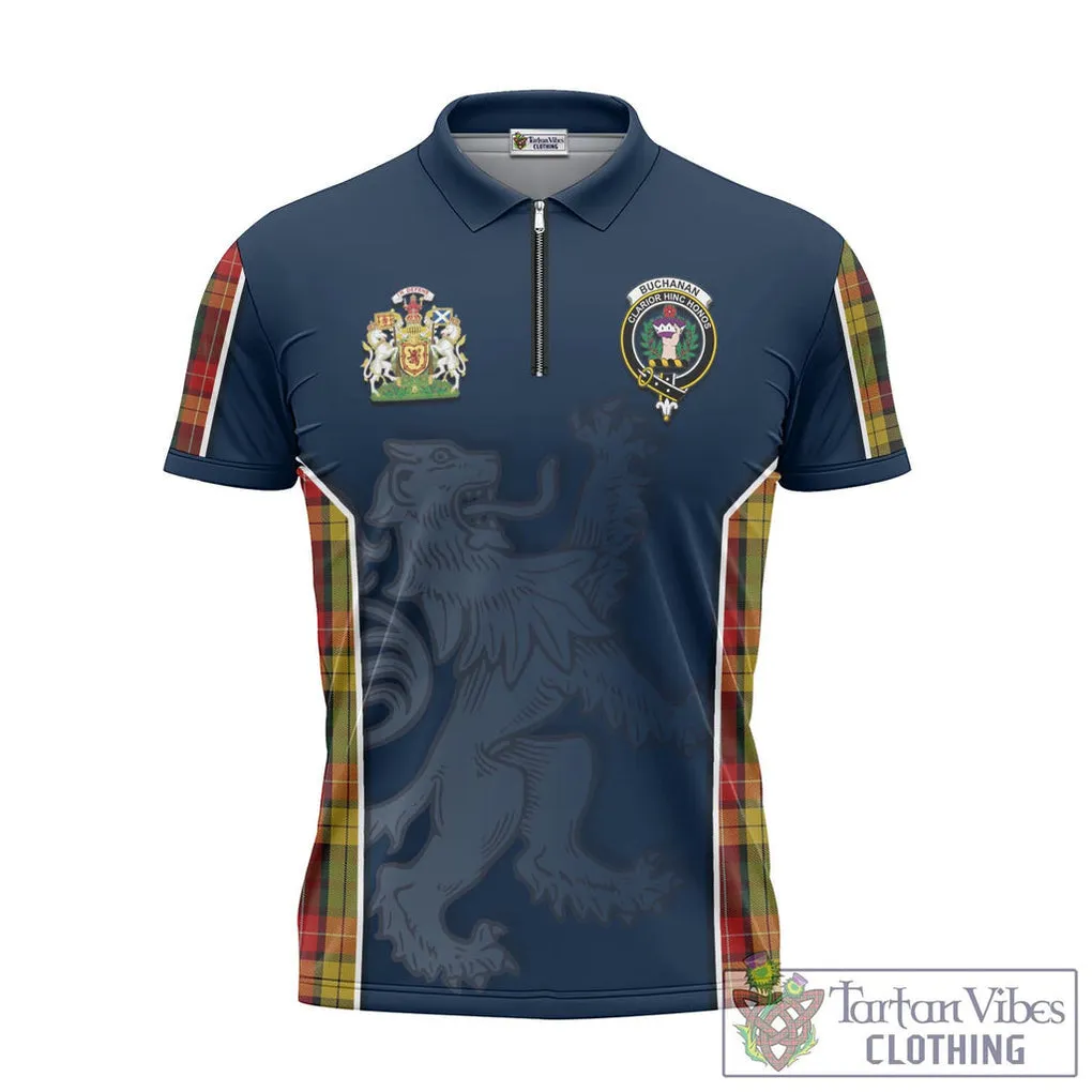 Buchanan Tartan Zipper Polo Shirt with Family Crest and Lion Rampant Vibes Sport Style