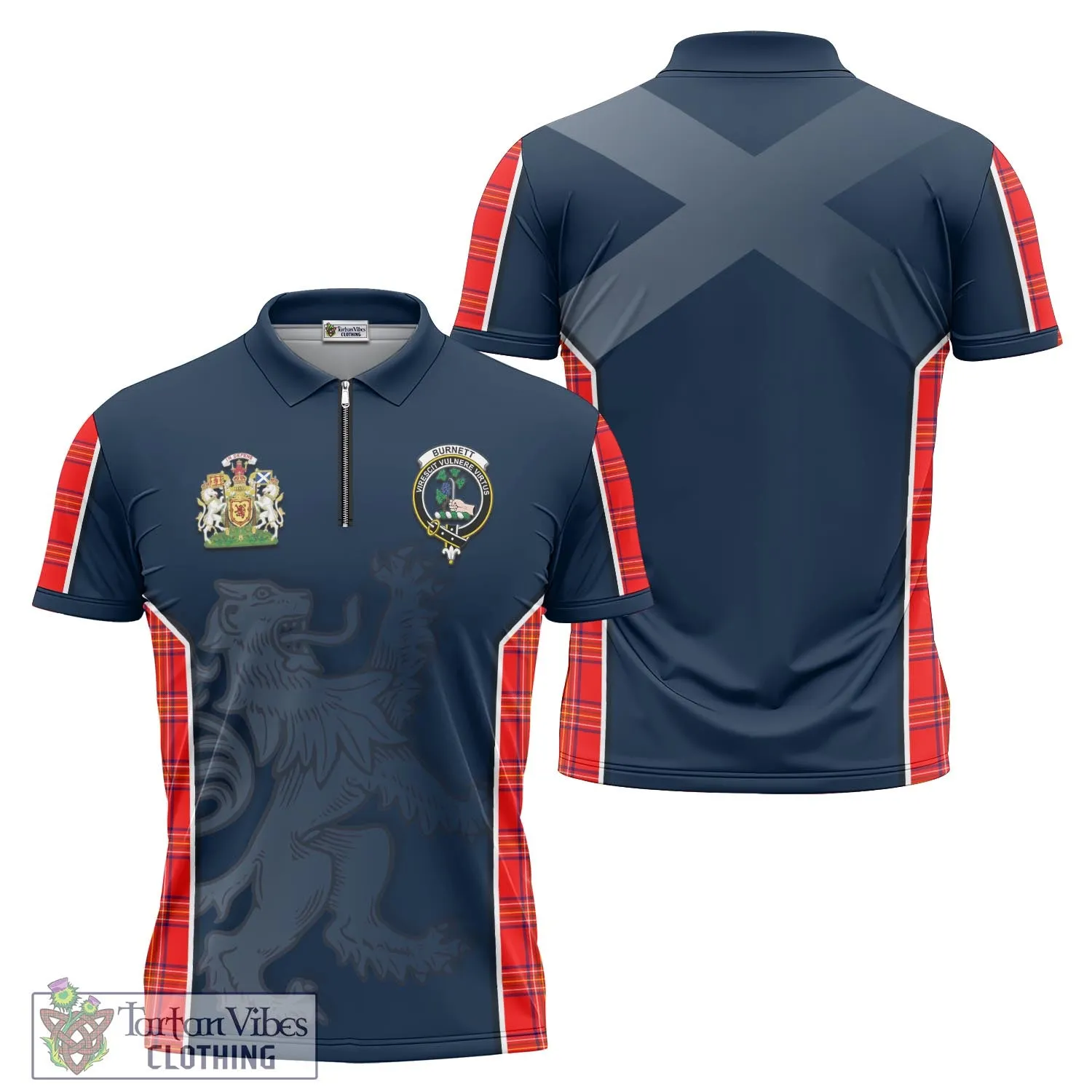 Burnett Modern Tartan Zipper Polo Shirt with Family Crest and Lion Rampant Vibes Sport Style