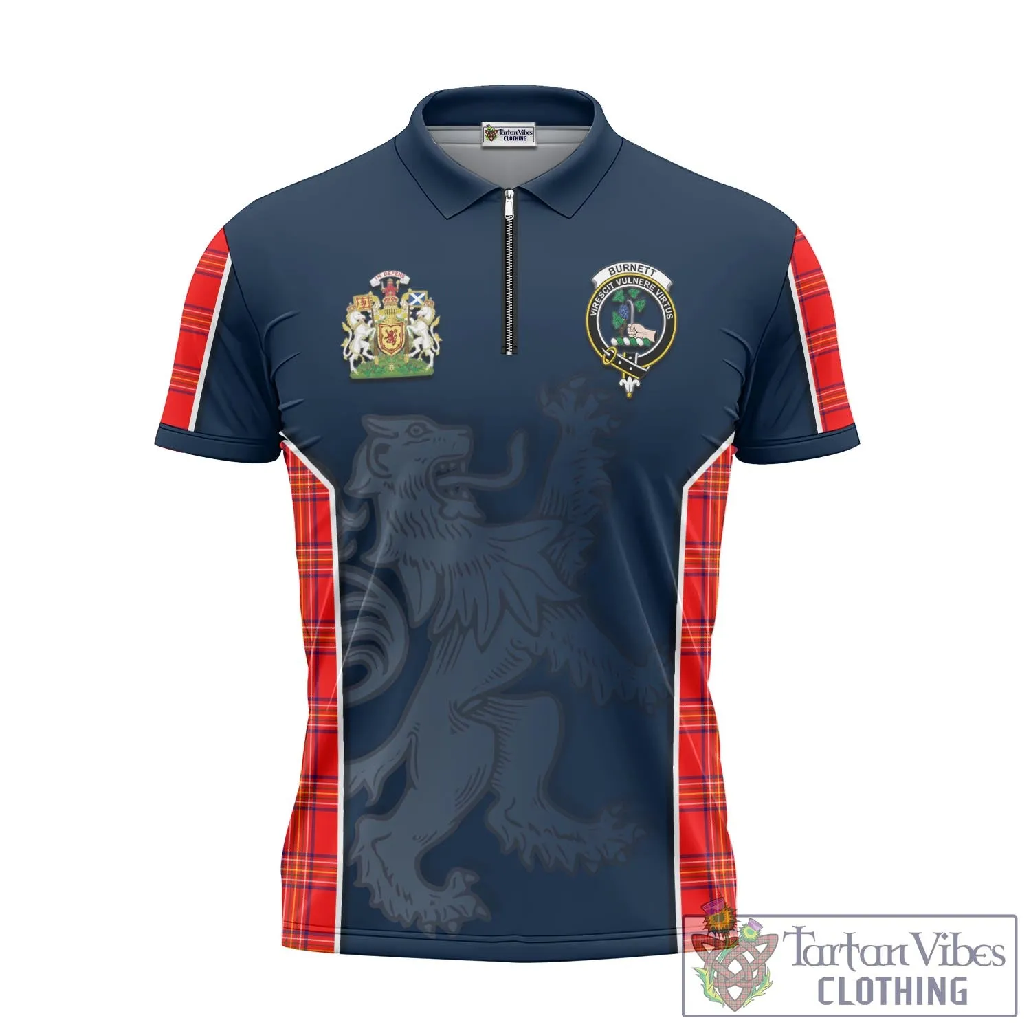 Burnett Modern Tartan Zipper Polo Shirt with Family Crest and Lion Rampant Vibes Sport Style