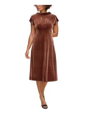 CALVIN KLEIN Womens Brown Gathered High Neck Cowl Back Pull On Cap Sleeve Midi Evening Fit   Flare Dress